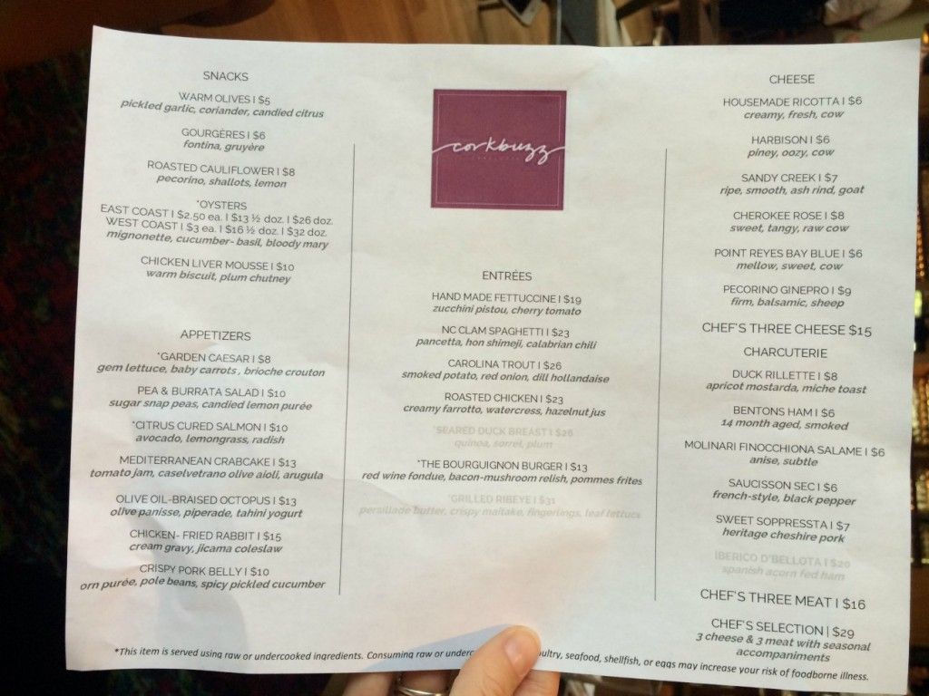 Corkbuzz menu