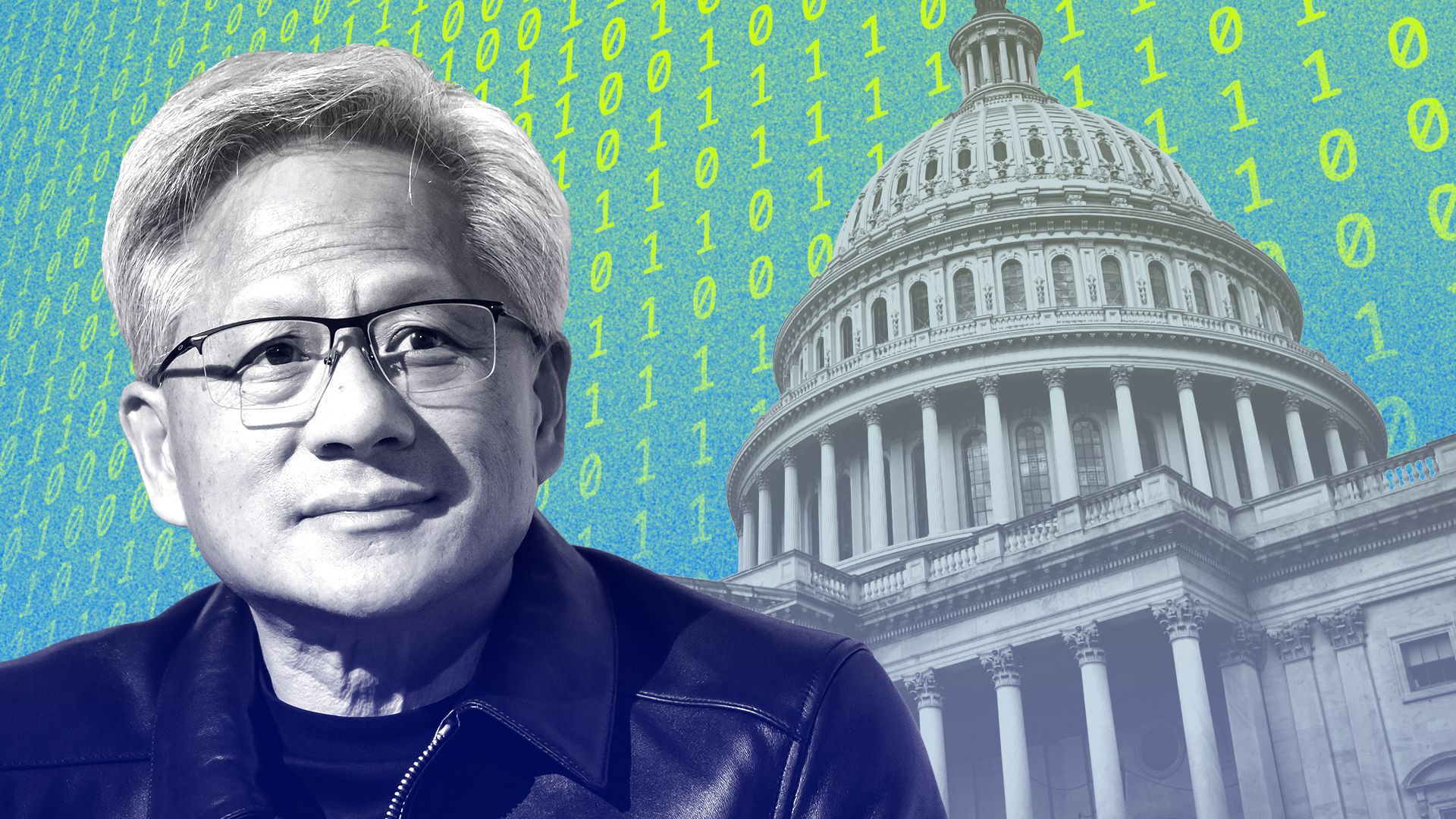 Photo illustration of a collage featuring Jensen Huang, the U.S. Capitol, and a pattern of binary code.