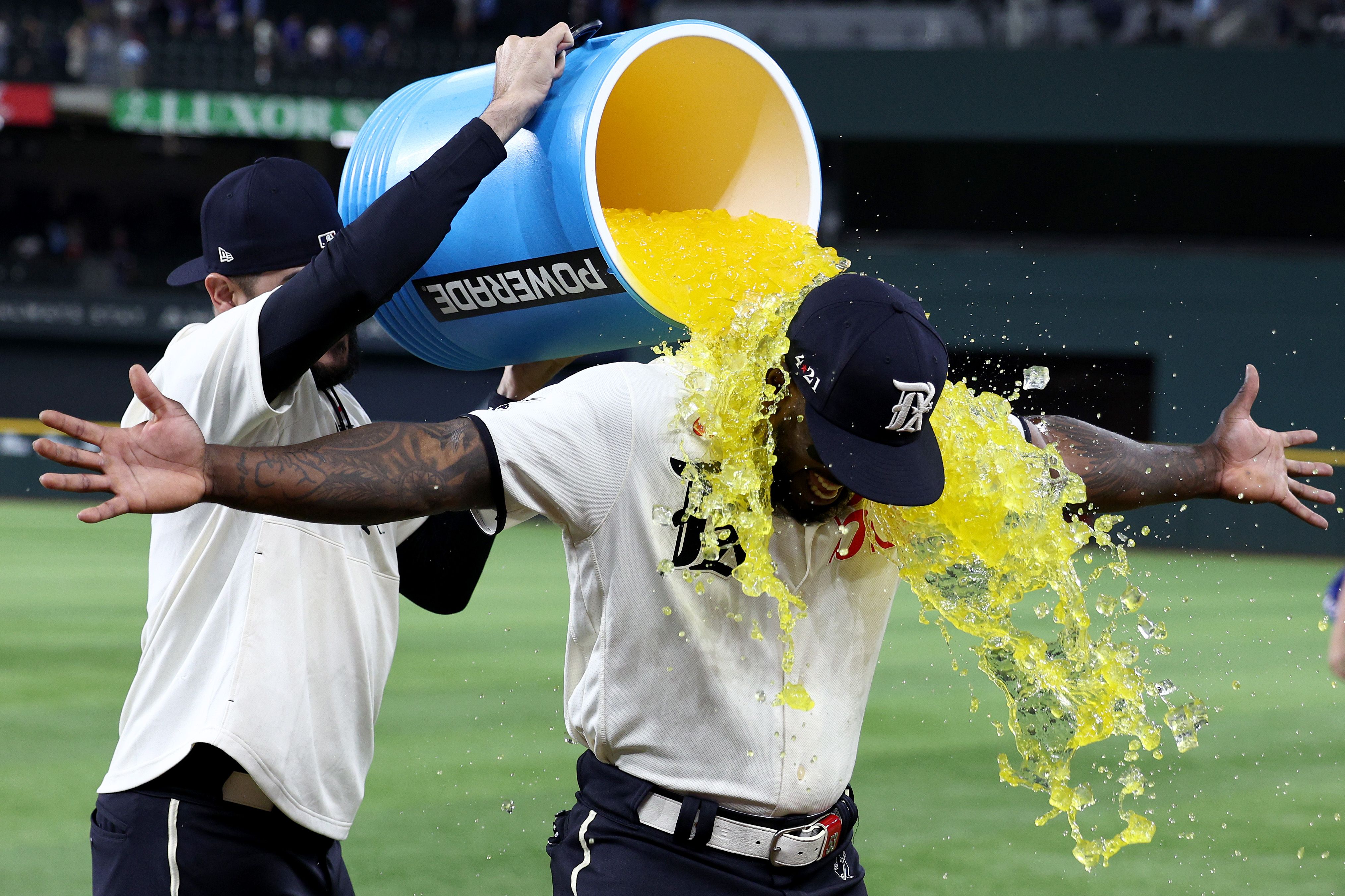 Adolis Garcia gets a Gatorade bath