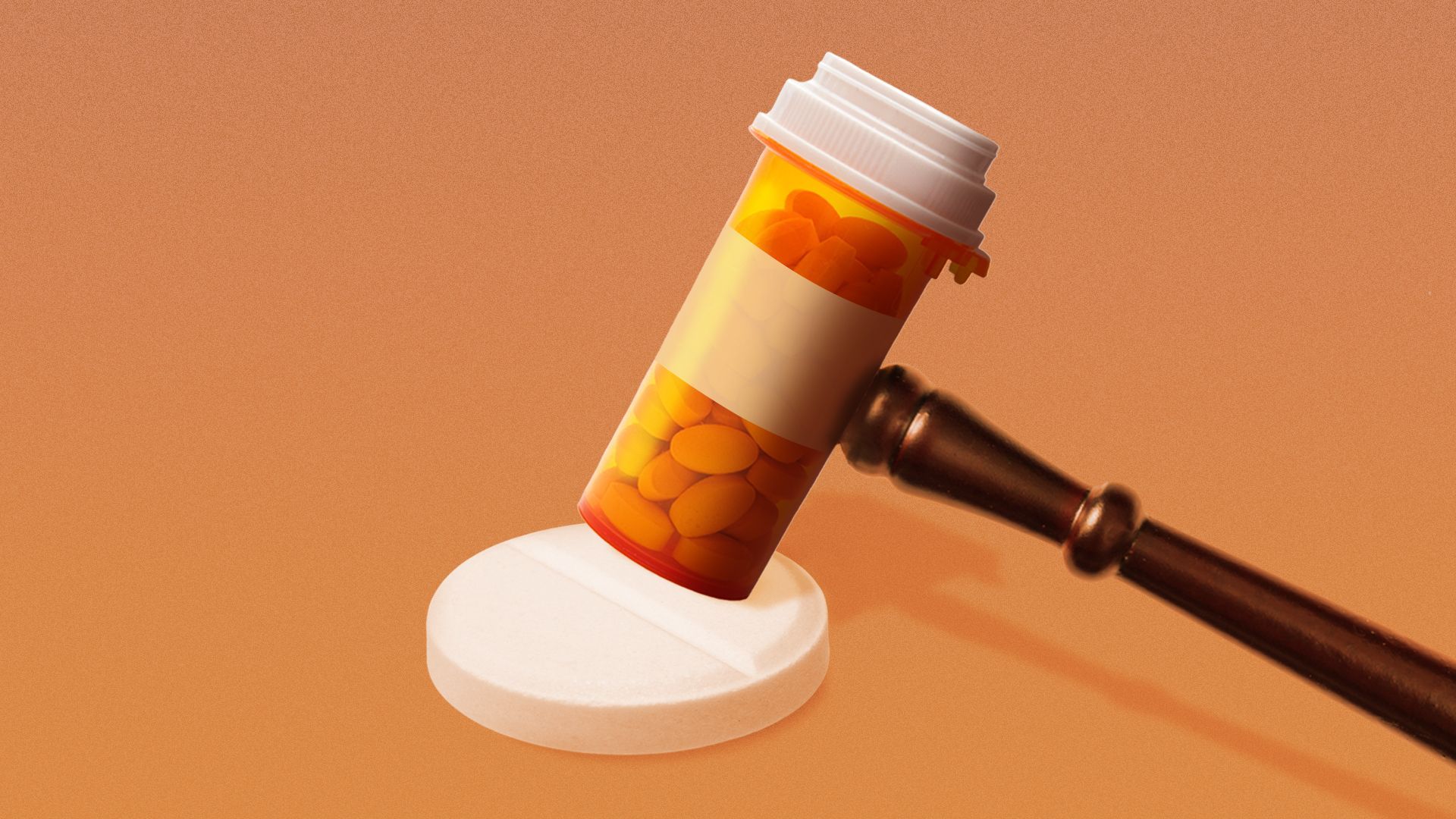 Illustration of a gavel made of a pill bottle, touching a gavel rest made of a white pill.