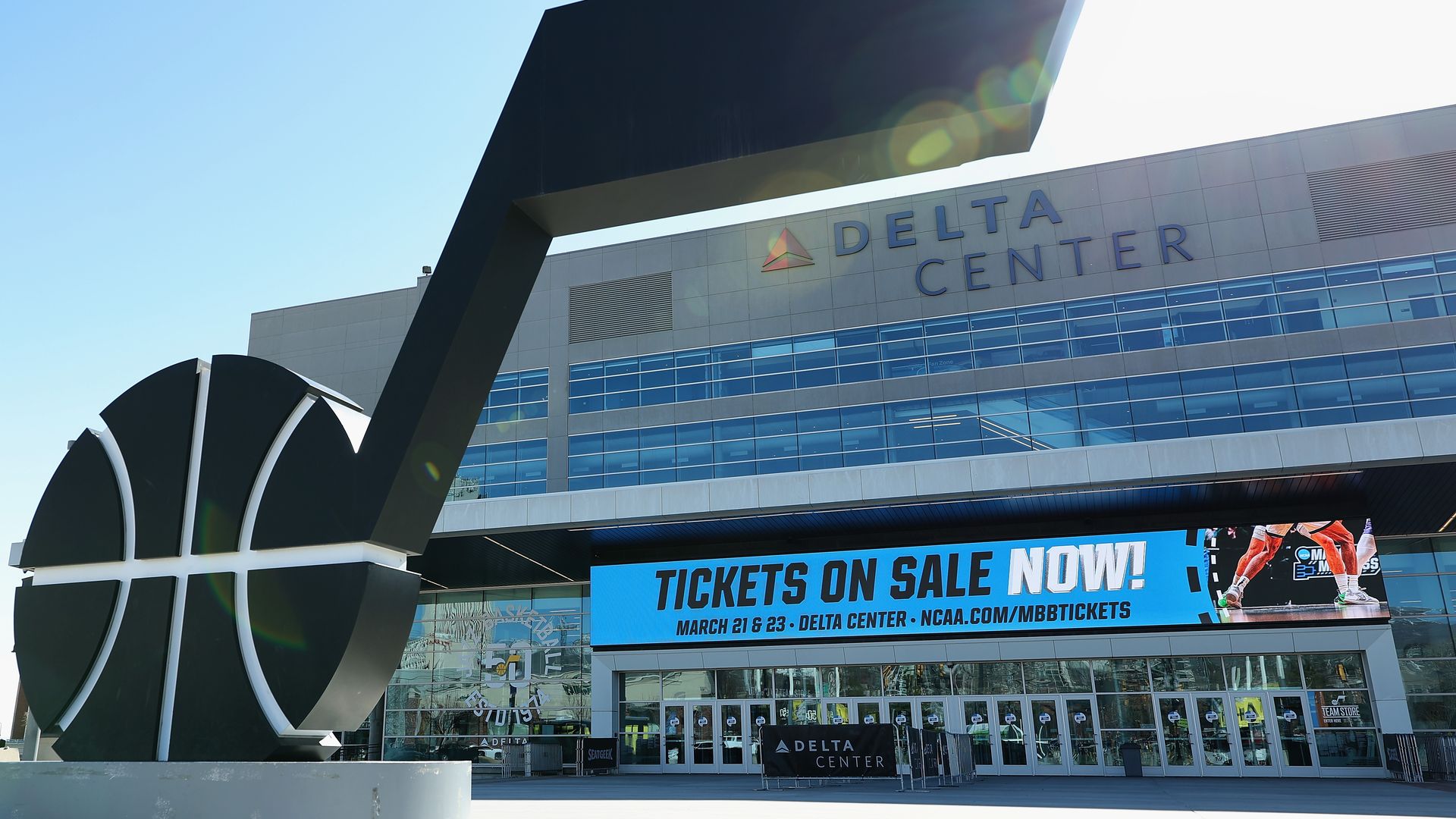 SALT LAKE CITY, UTAH - MARCH 19: General view outside of the Delta Center ahead of the NCAA Men's Basketball Tournament on March 19, 2024 in Salt Lake City, Utah. 
