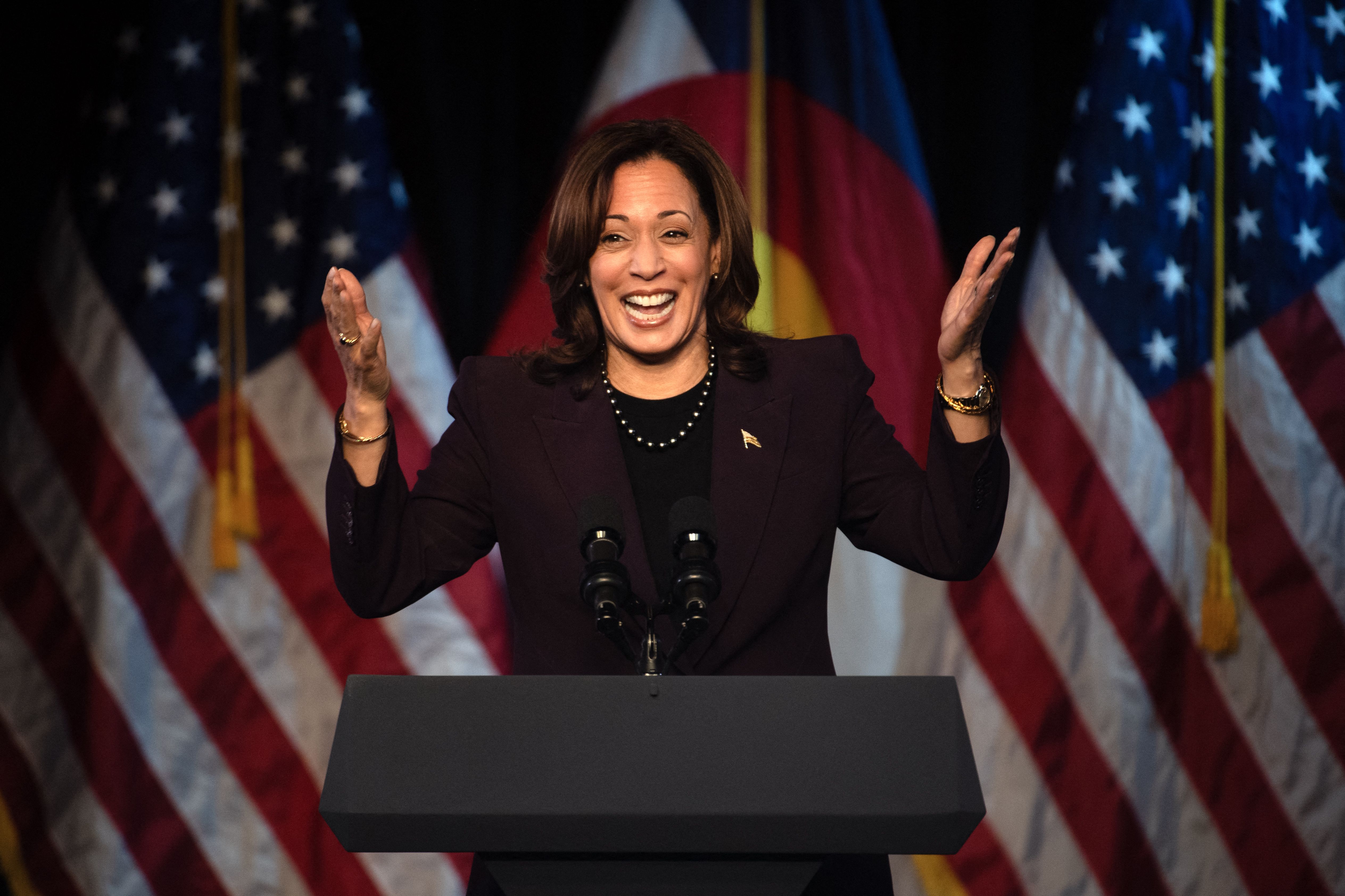 Vice President Kamala Harris speaks at a rally in Denver on Tuesday.