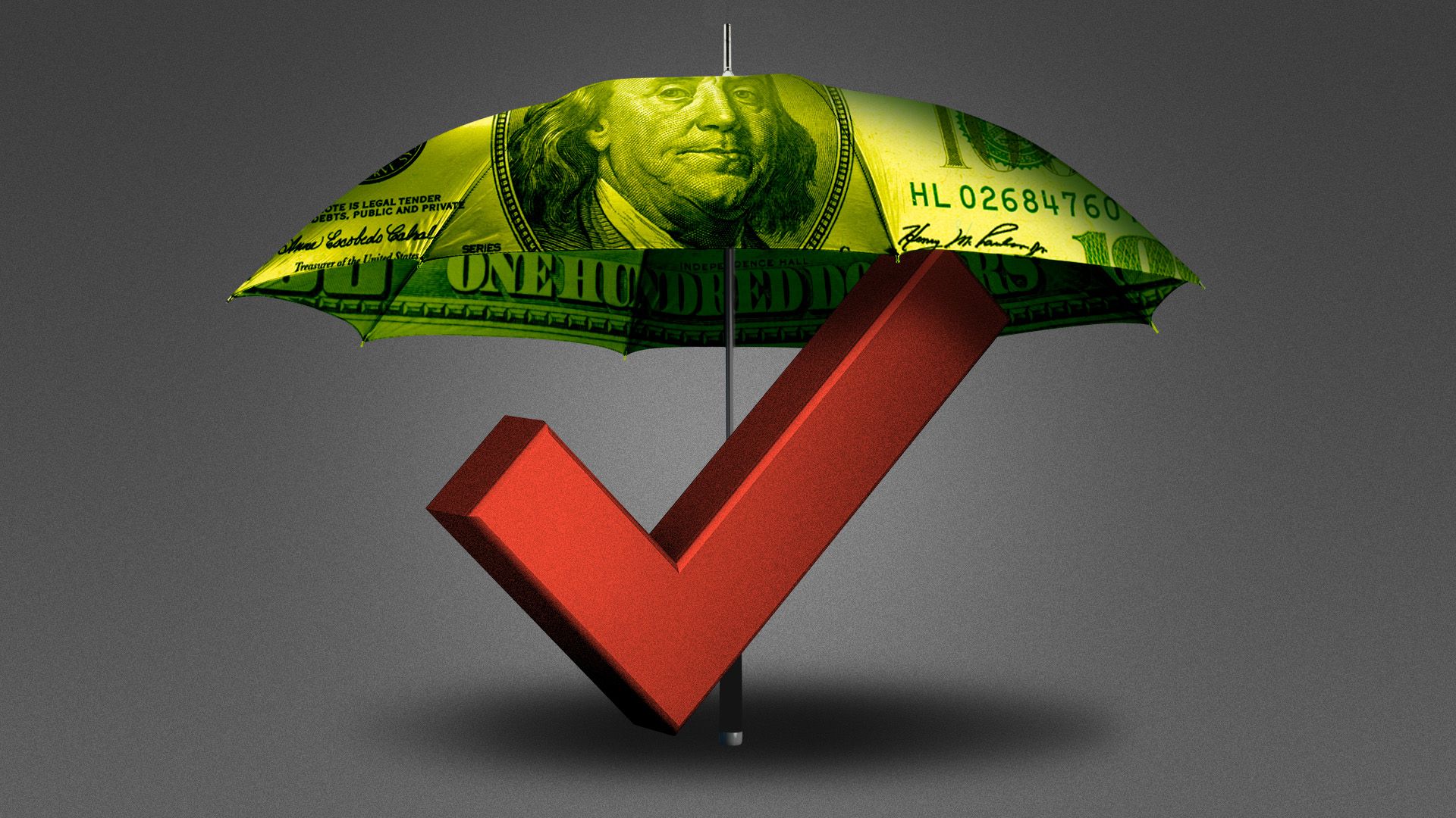 Illustration of an umbrella made of money covering a red check mark