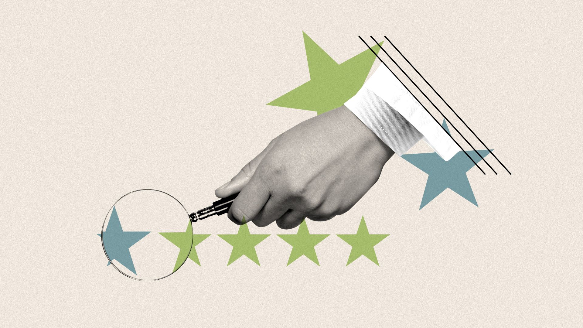 Illustrated collage of a doctor's hand holding a magnifying glass examining a rating star system.
