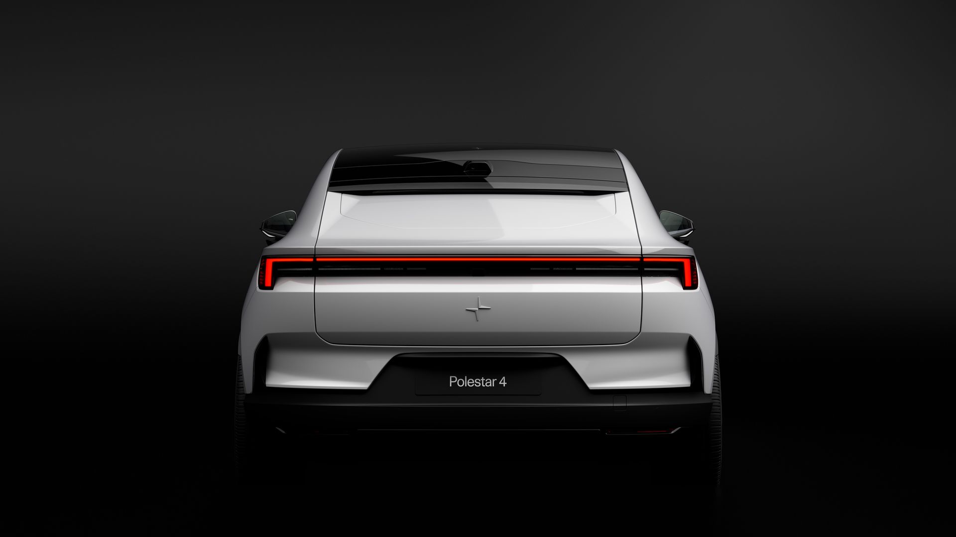 Rear view of a white Polestar 4 electric car against a dark gradient backdrop. Features a full-width red LED tail light, black glass roof, and Polestar emblem on the trunk.