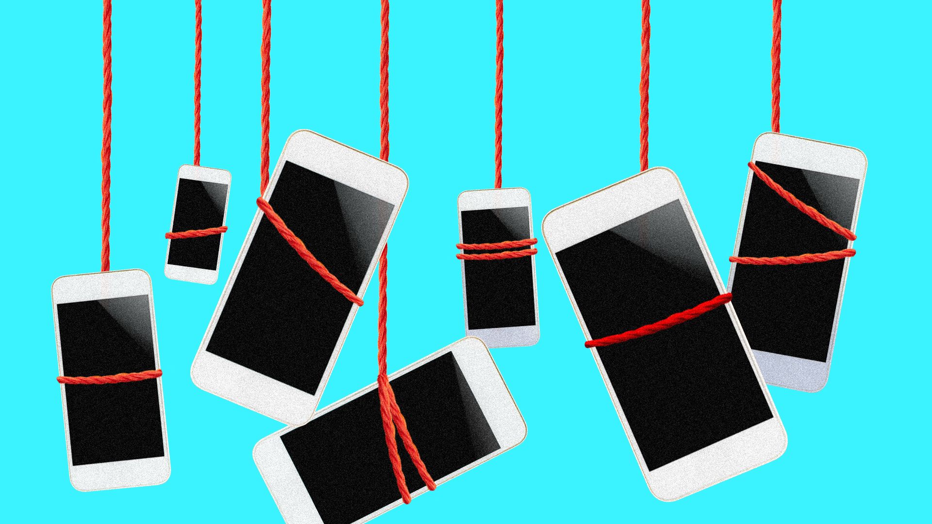 Illustration of smartphones dangling from ropes
