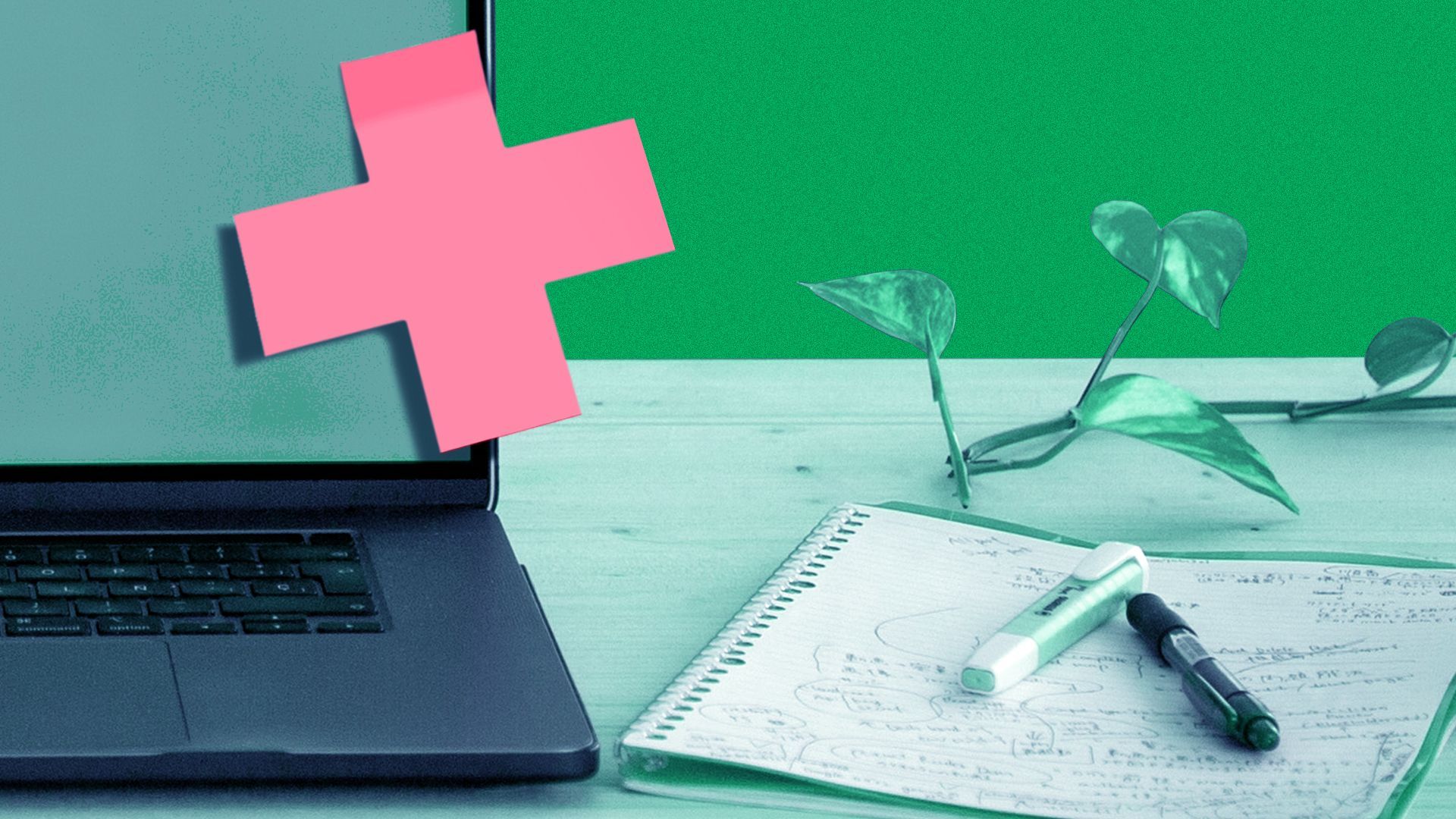 Illustration of a red medical cross-shaped sticky note stuck to an open laptop screen, next to a desk top covered with a plant and a notebook with pens