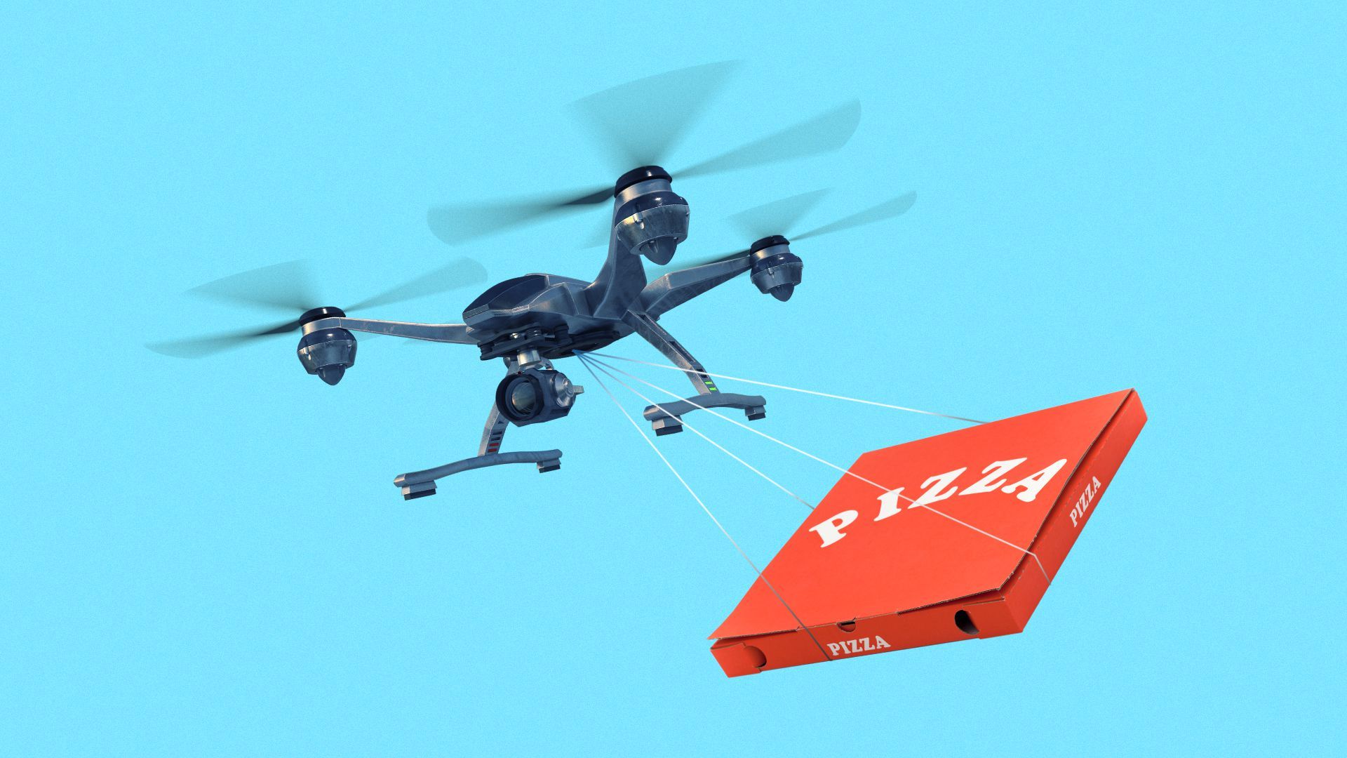 Illustration of a drone carrying a pizza delivery box