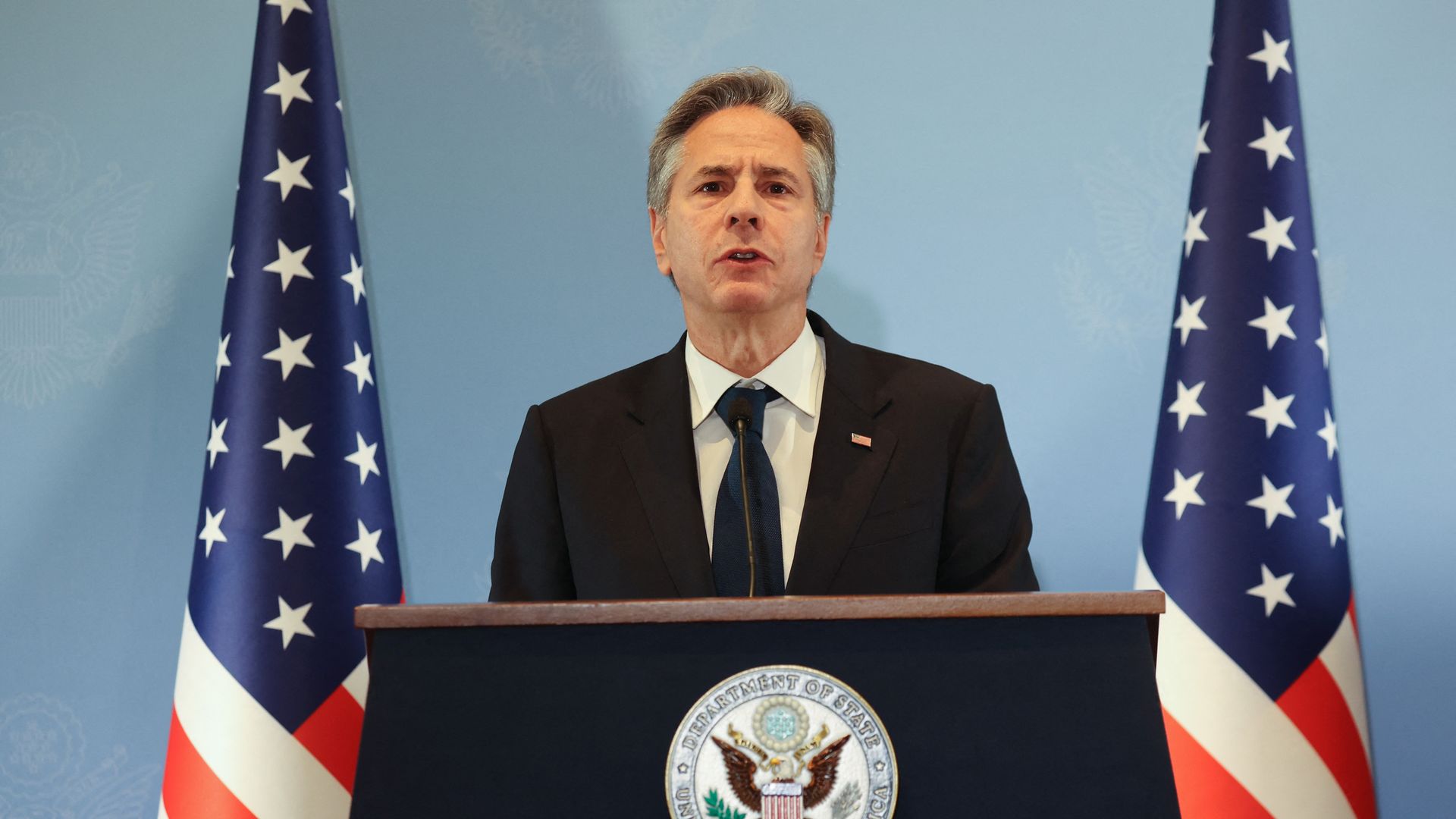 Blinken gives a press conference in Tel Aviv.