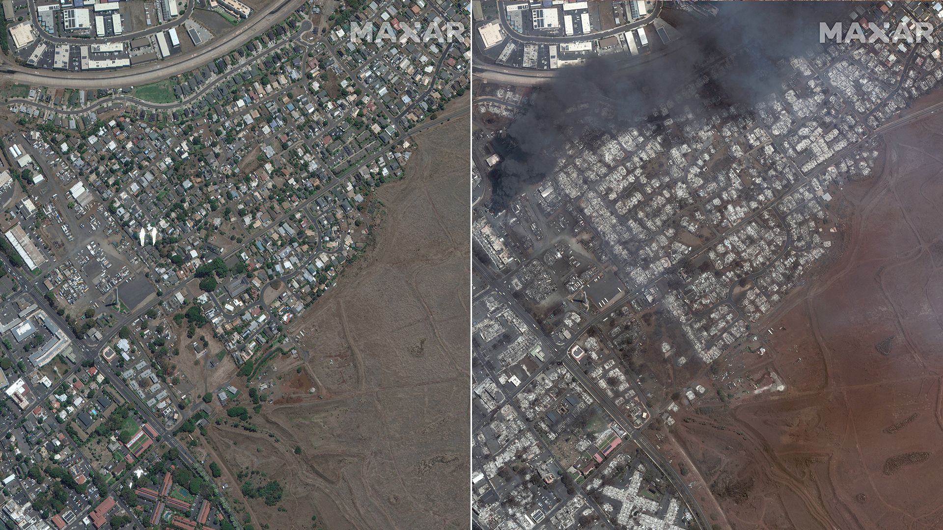 Close up of Lahaina before and after wildfires