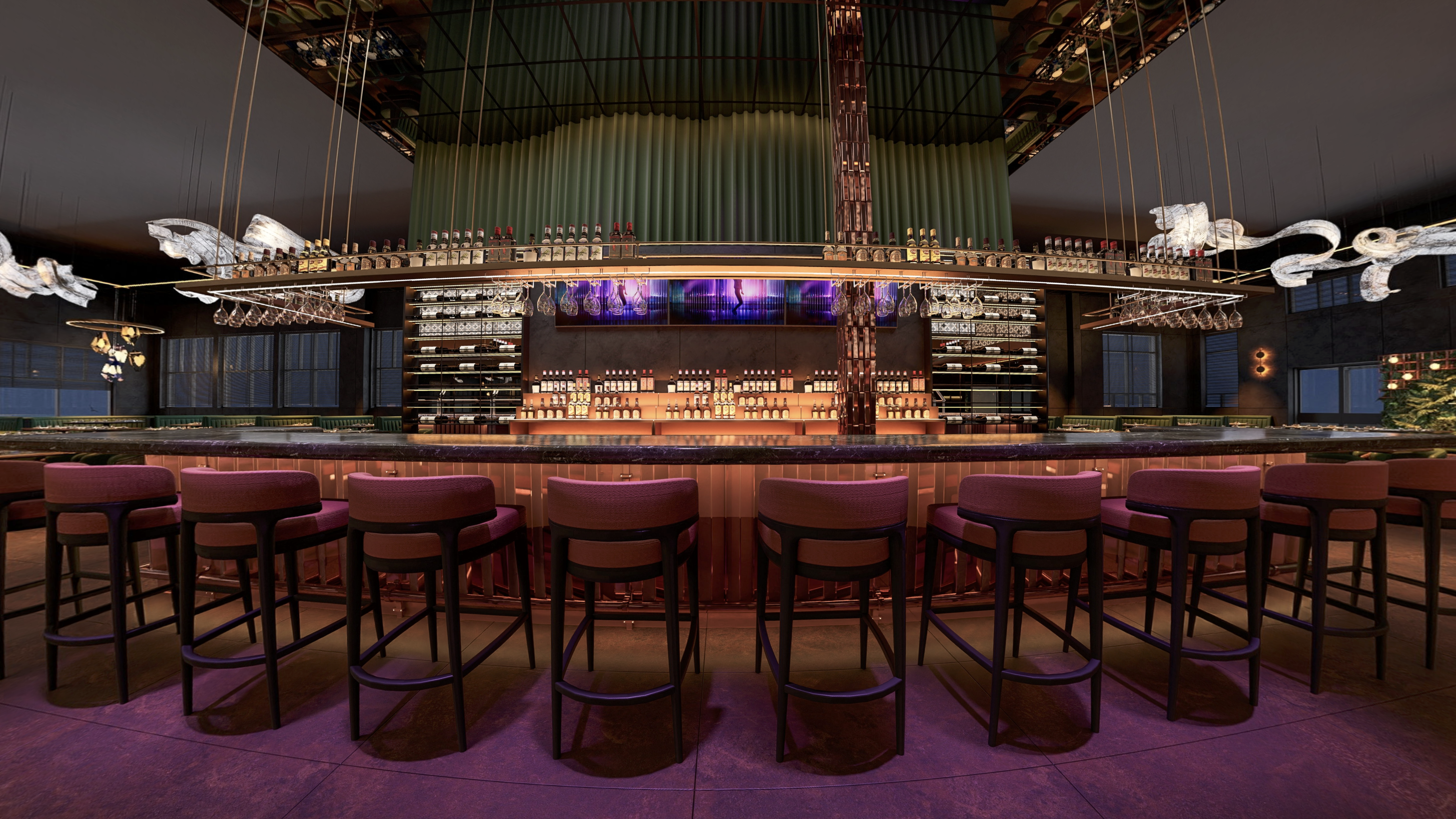 Luxurious bar interior with a curved counter, pink upholstered stools, hanging glassware, bottles on shelves, a green backdrop, purple lighting, and white sculpted decor along the sides.