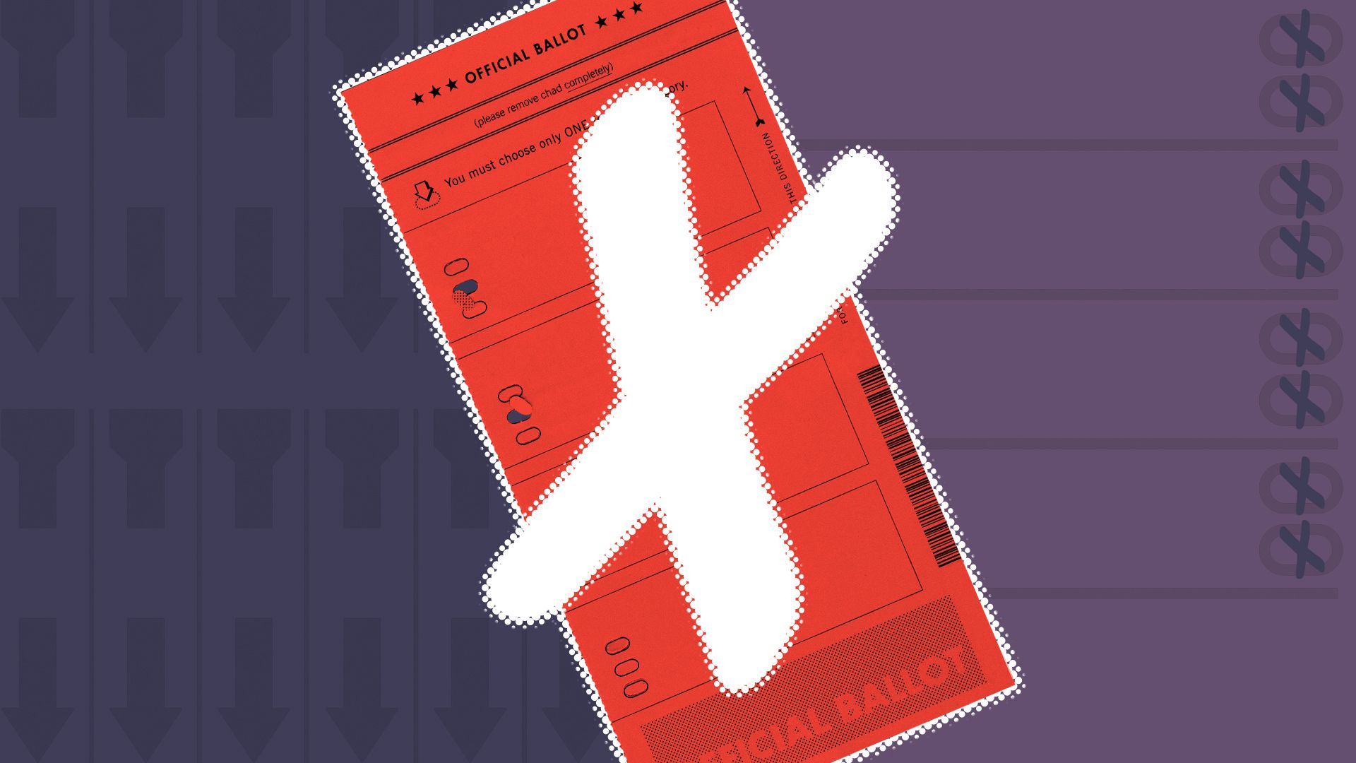 Illustration of a voting ballot with an x over it against a background featuring ballot elements