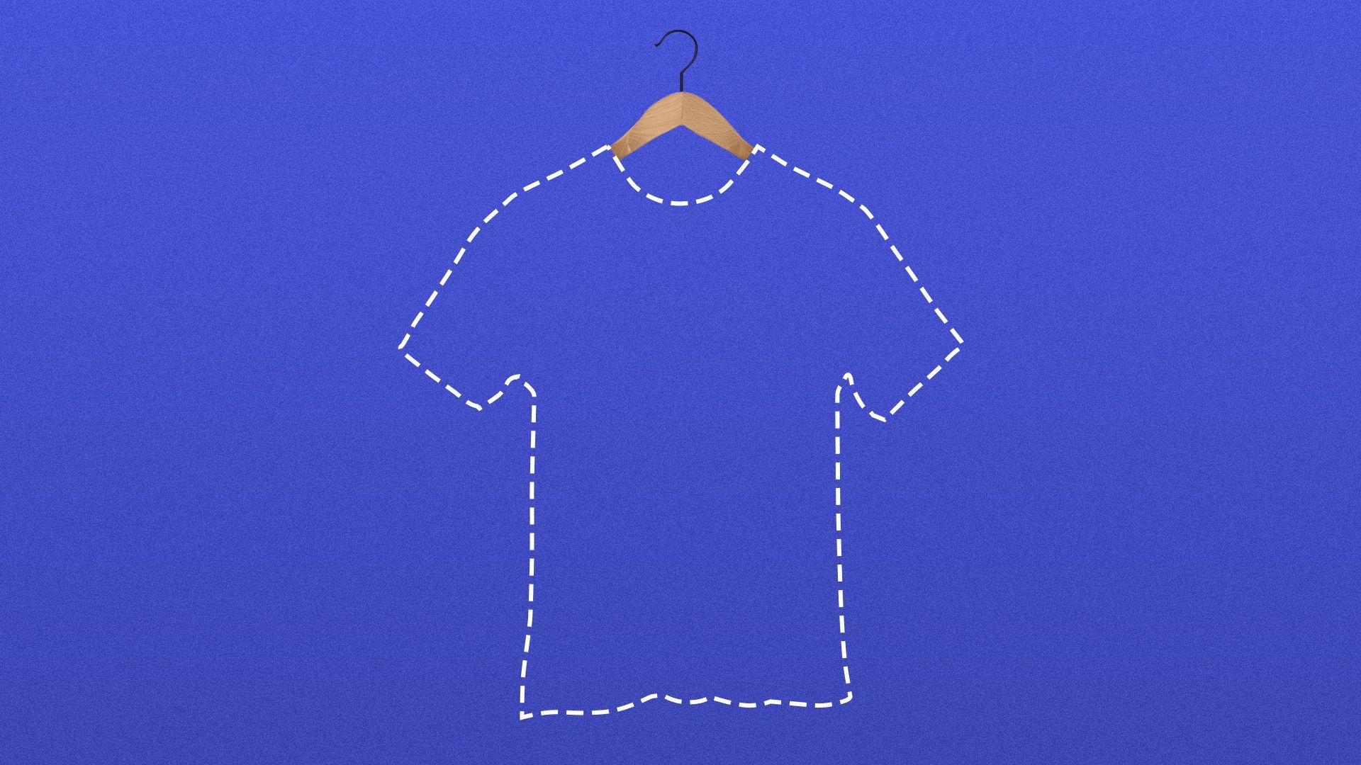 Illustration of a dotted outline of a t-shirt hanging on a clothes hanger.   