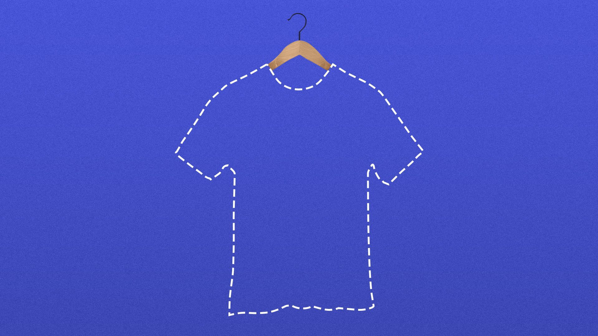 Illustration of a dotted outline of a t-shirt hanging on a clothes hanger.   