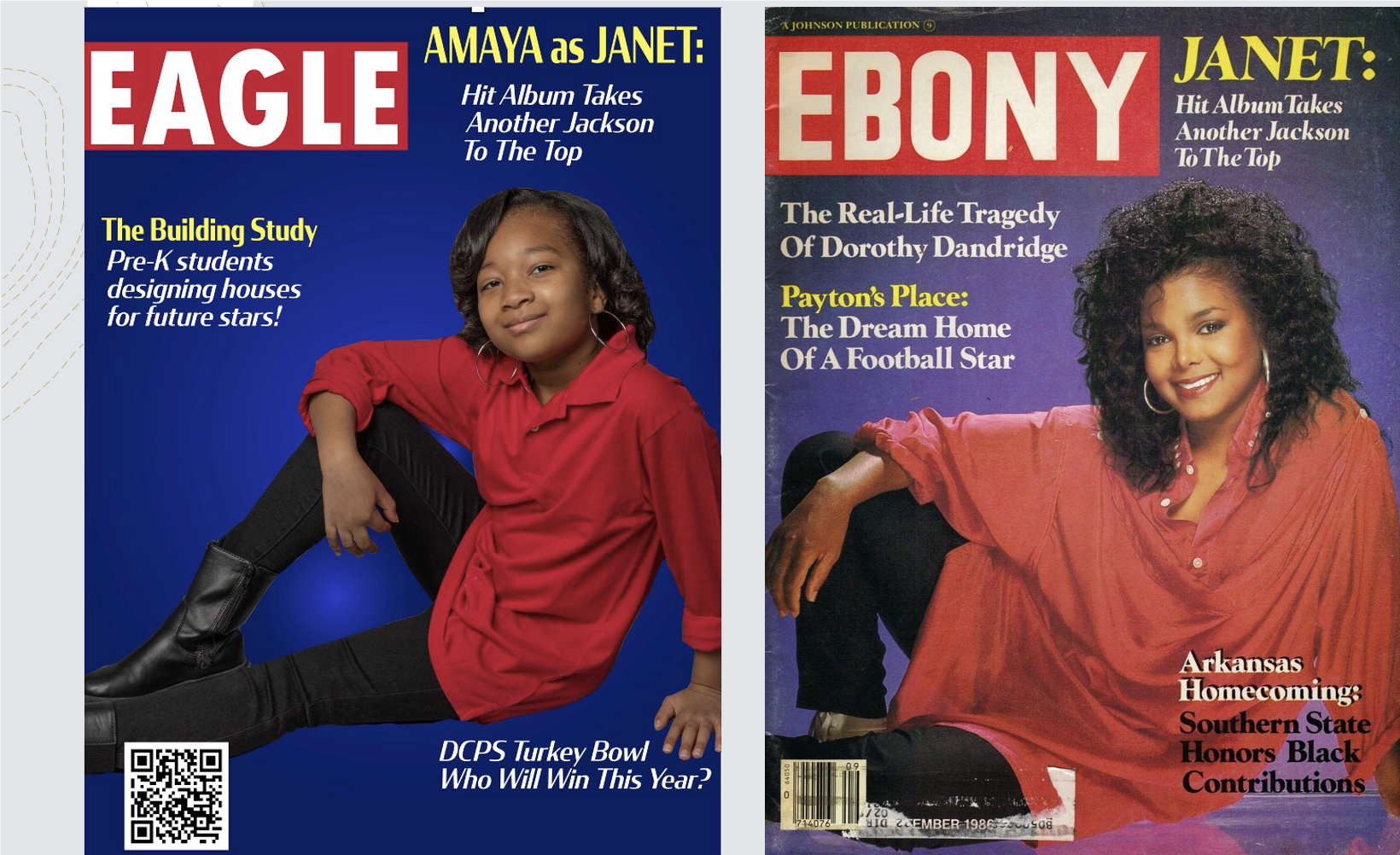A student recreates an Ebony Magazine cover of Janet Jackson.