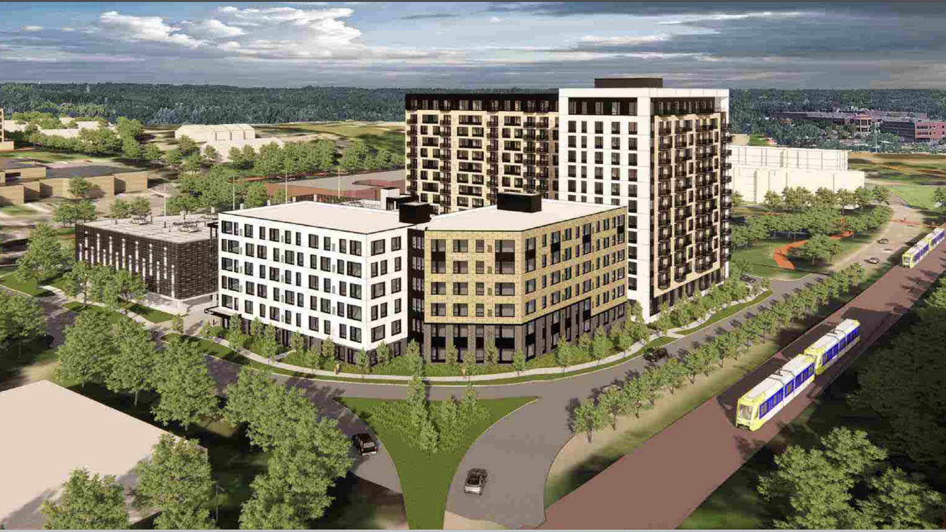 A rendering shows a planned complex in Minnetonka with as many as 400 apartments
