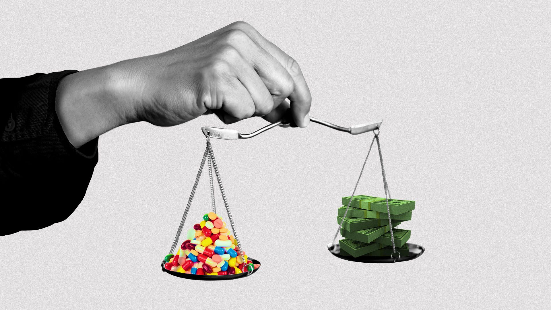 Illustration of a hand holding a small scale with pills on one side and money on the other.