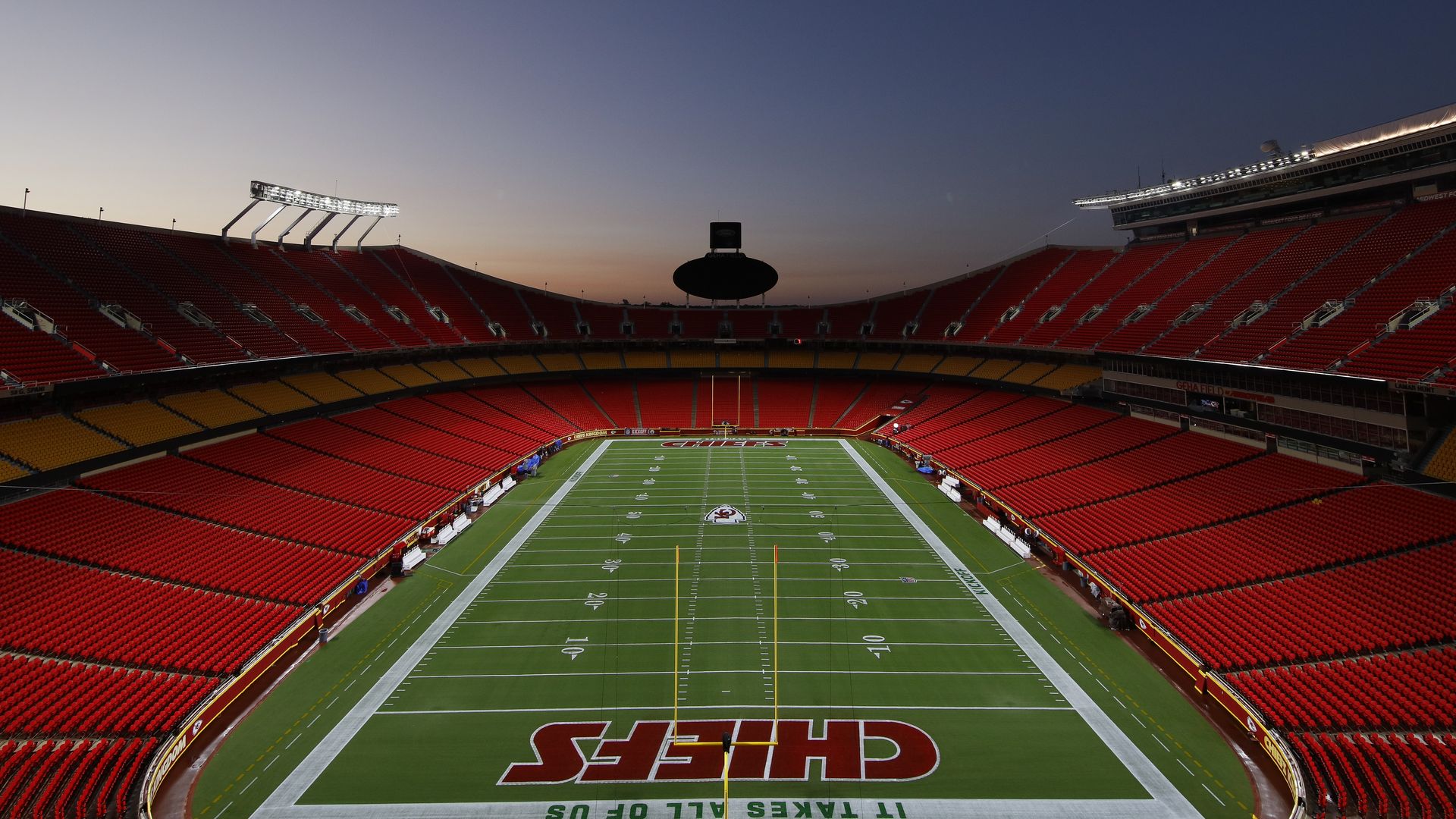 A general view of an empty GEHA Field at Arrowhead Stadium prior to the start of the game between the Kansas City Chiefs and the Baltimore Ravens at GEHA Field at Arrowhead Stadium.