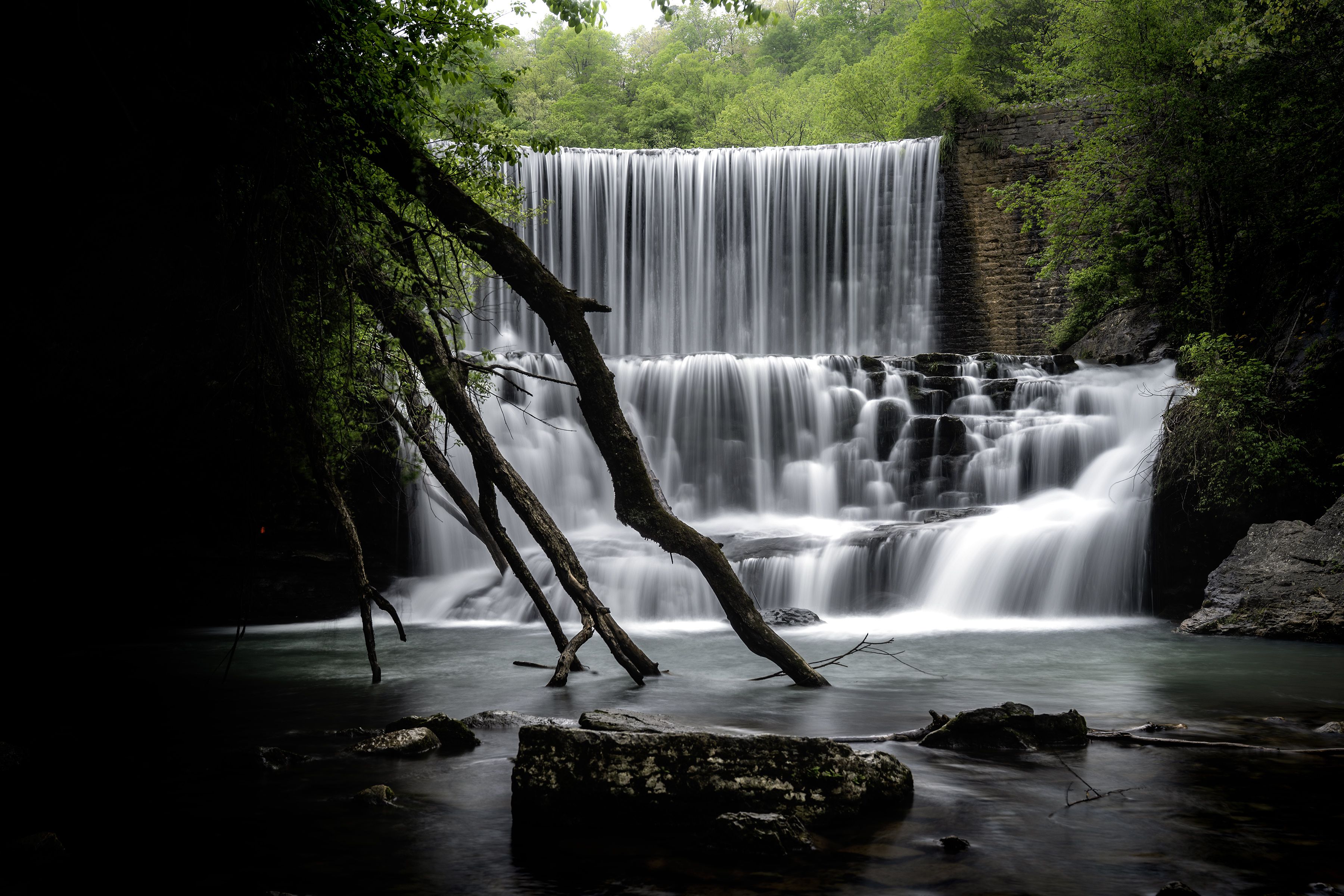 A wide waterfall cascades down terraced rock ledges into a calm pool, framed by leaning tree trunks and lush green foliage.