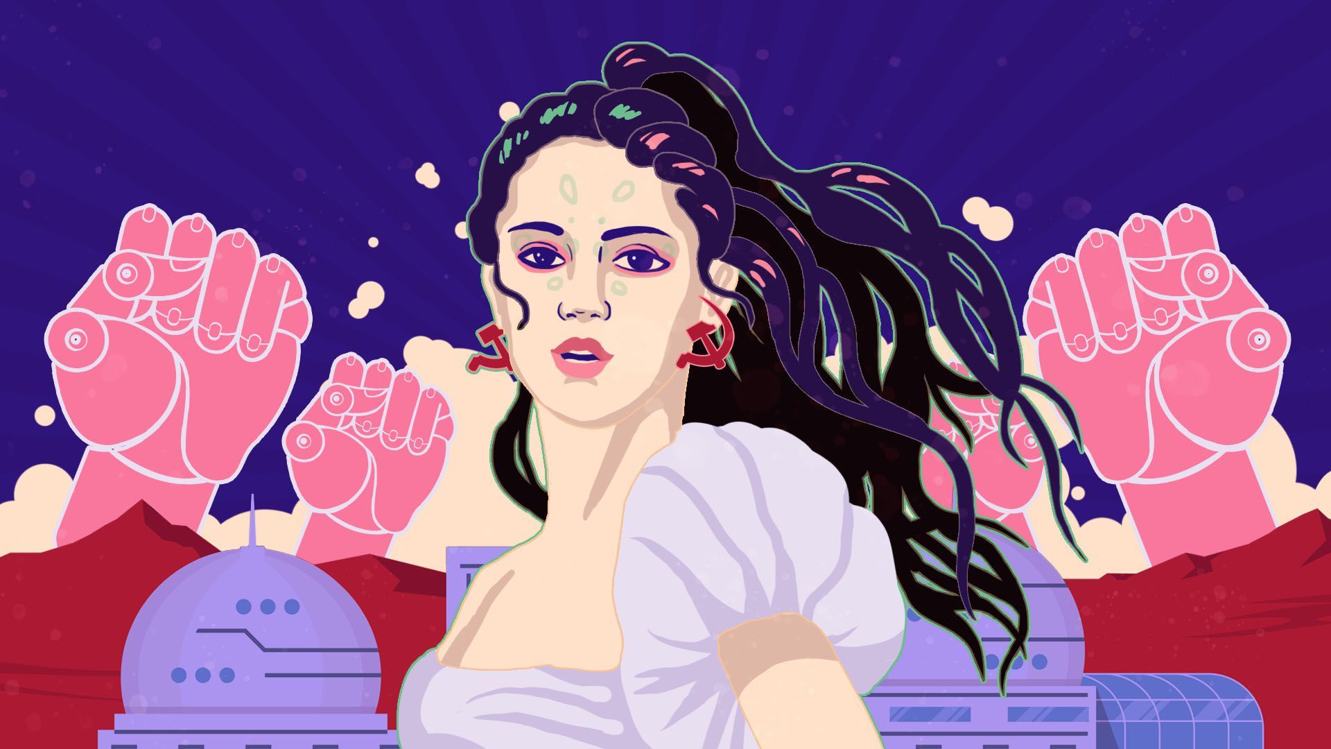 Illustration of the singer Grimes in a Soviet-style poster with a Mars colony behind her and raised robot fists