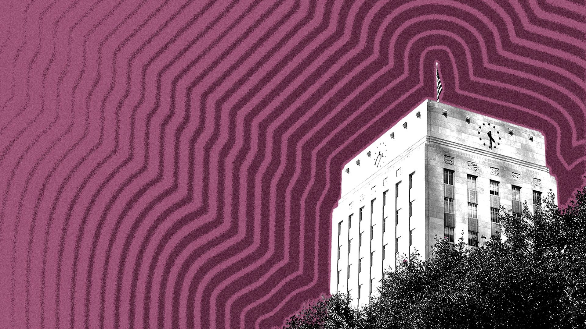 Illustration of Houston City Hall with lines radiating from it.