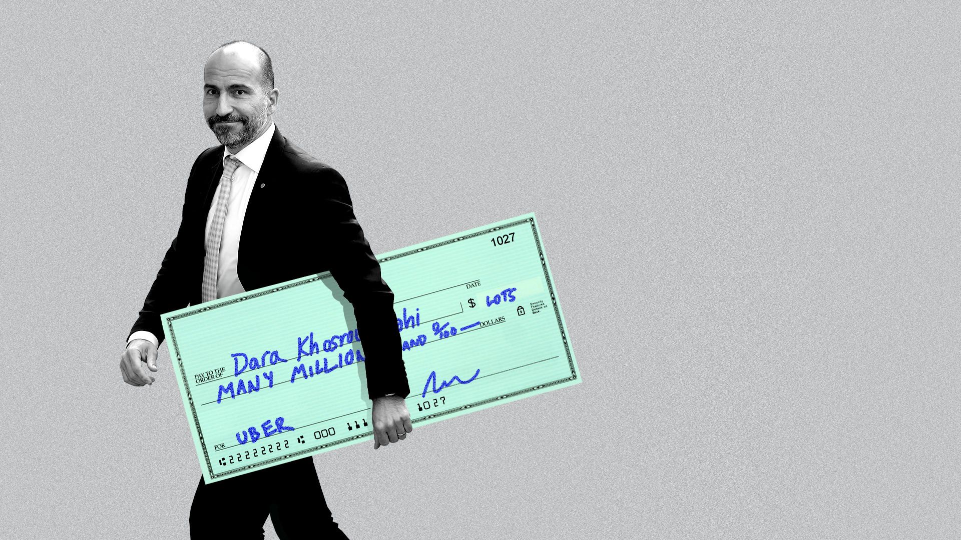 Illustration of Uber CEO Dara Khosrowshahi holding a giant check