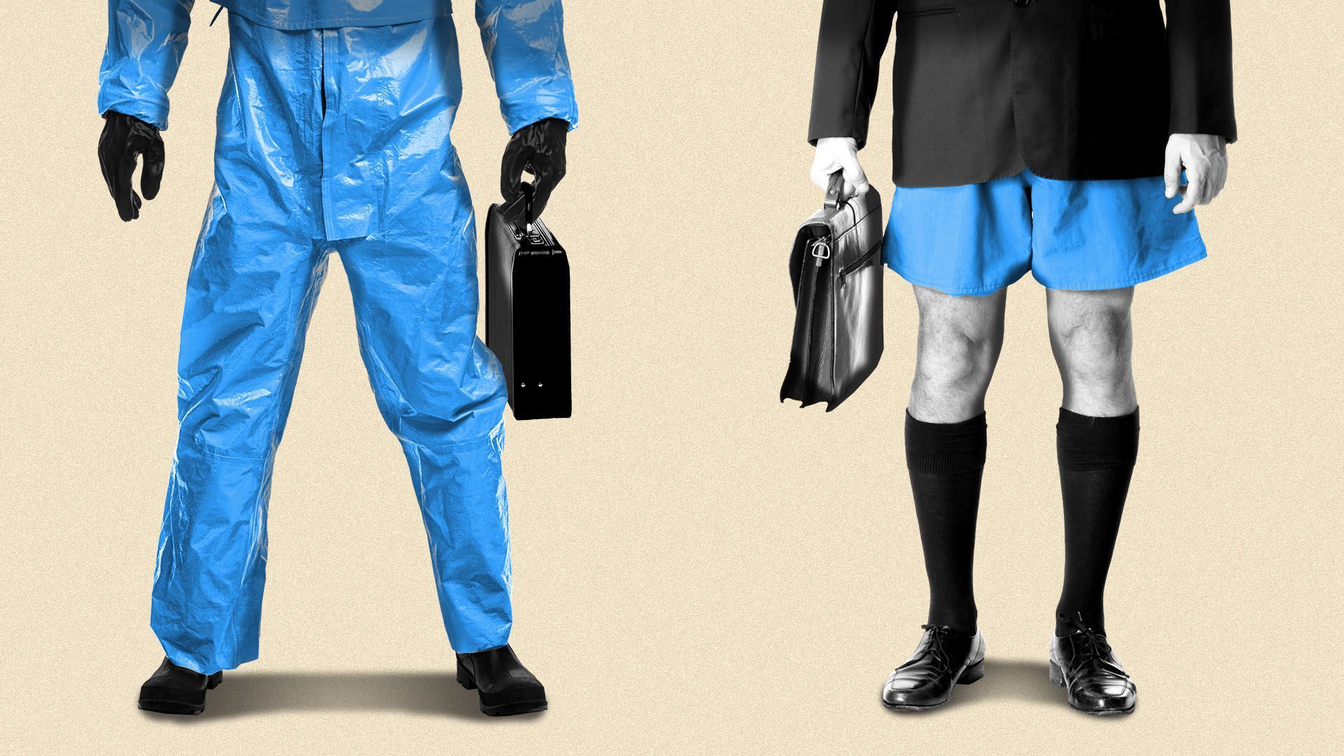 Illustration of a person holding a briefcase in a hazmat suit next to a person holding a briefcase in a suit without pants