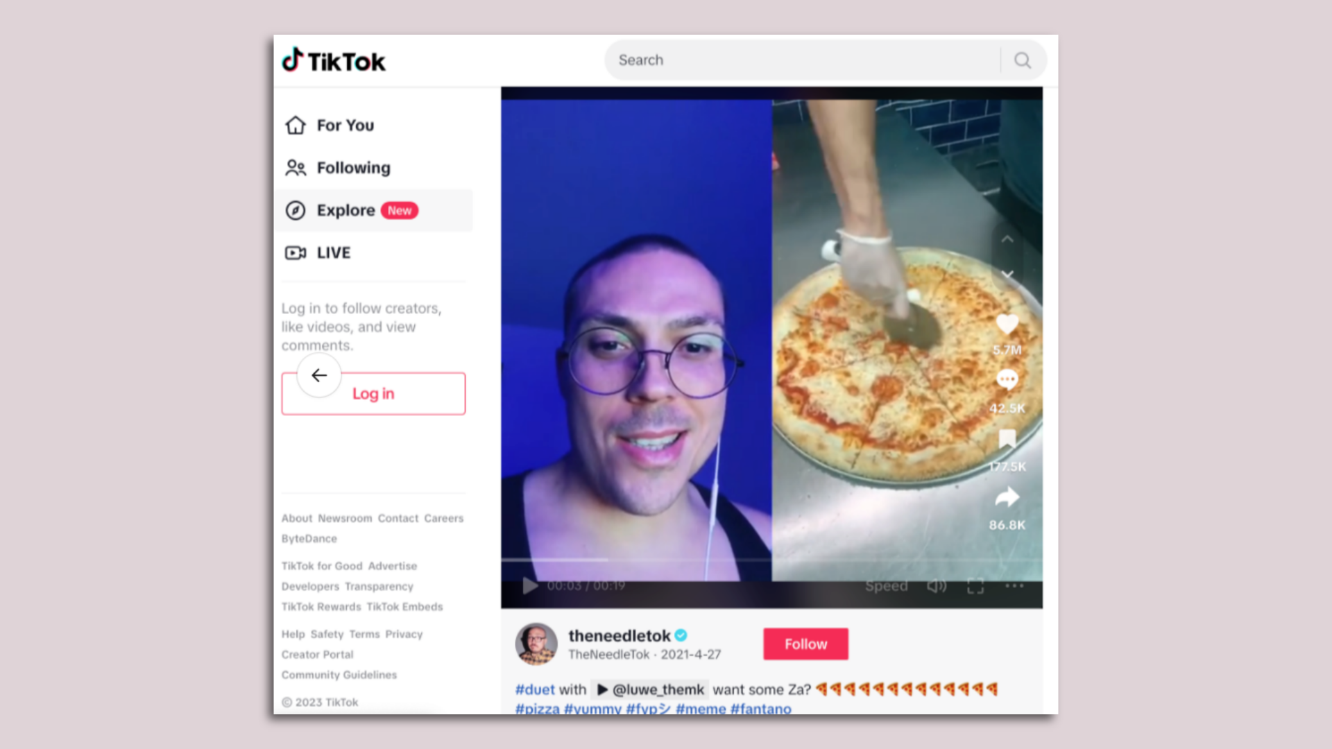 Screenshot of a TikTok webpage showing a still of a  splitscreen video that features a man wearing glasses and a pizza being cut