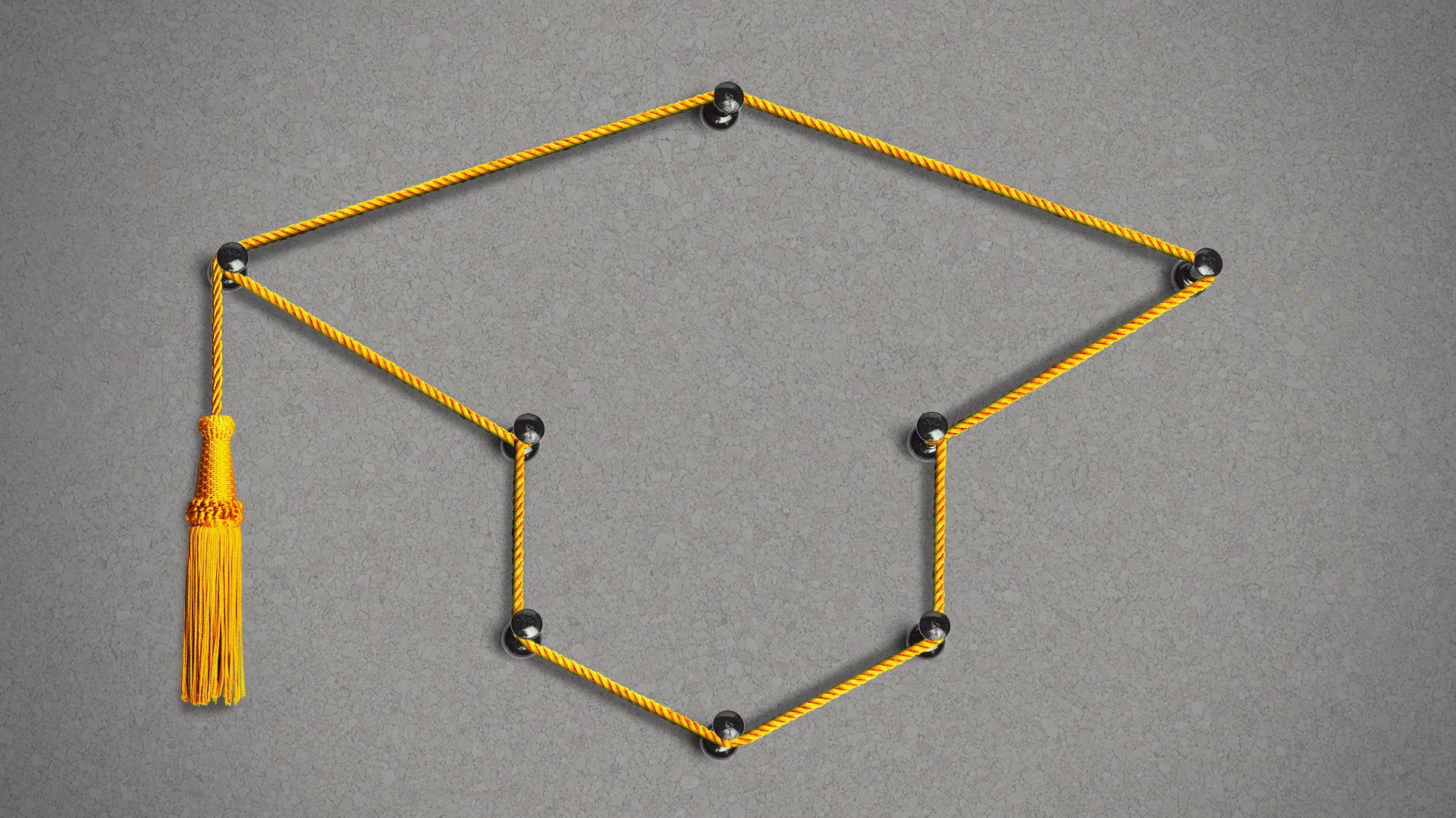 Illustration of an evidence style cork board with push pins and a golden string with a tassle forming the shape of a graduation cap.