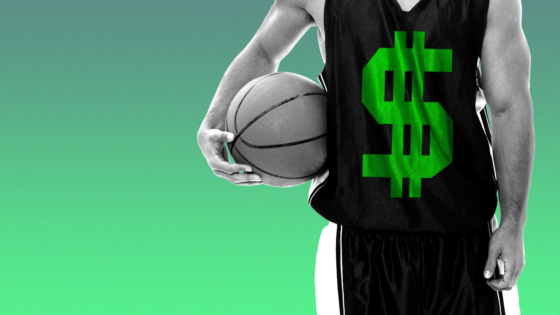 Illustration of a college basketball player with a dollar sign on his jersey.