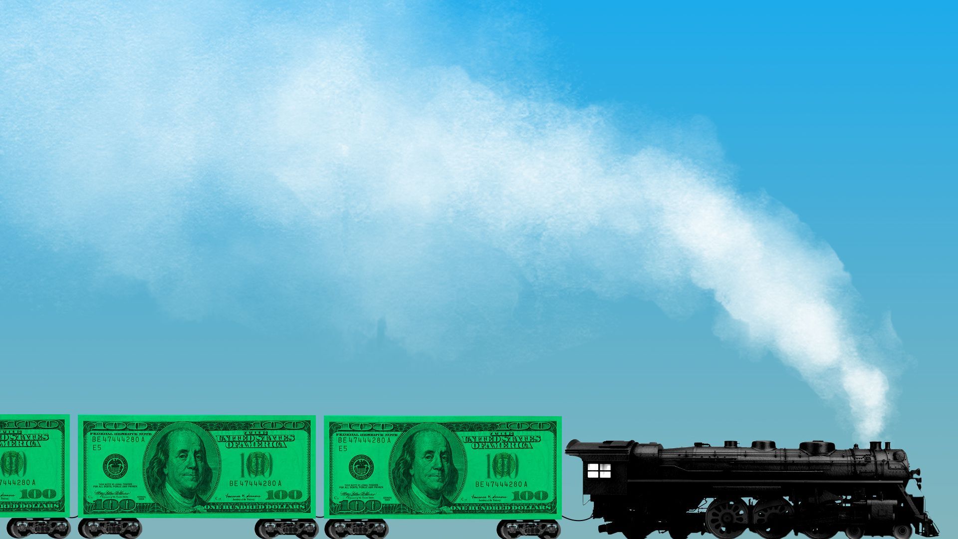 Illustration of a train with freight cars made of hundred dollar bills.
