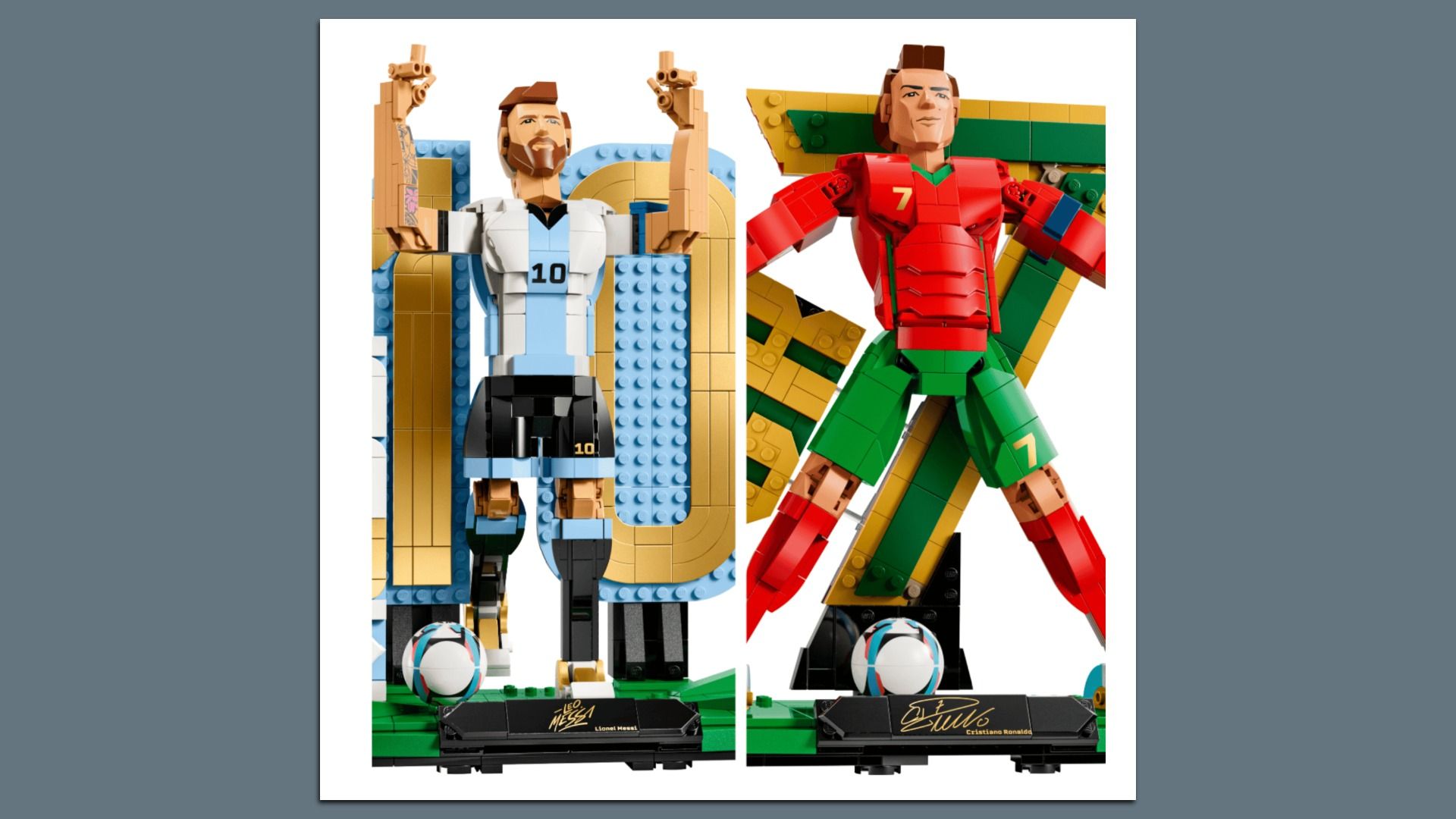 Two large LEGO soccer statues: left Messi in light blue/white jersey No. 10, right Ronaldo in red/green jersey No. 7. They stand on signed black bases with soccer balls nearby against white backdrop.