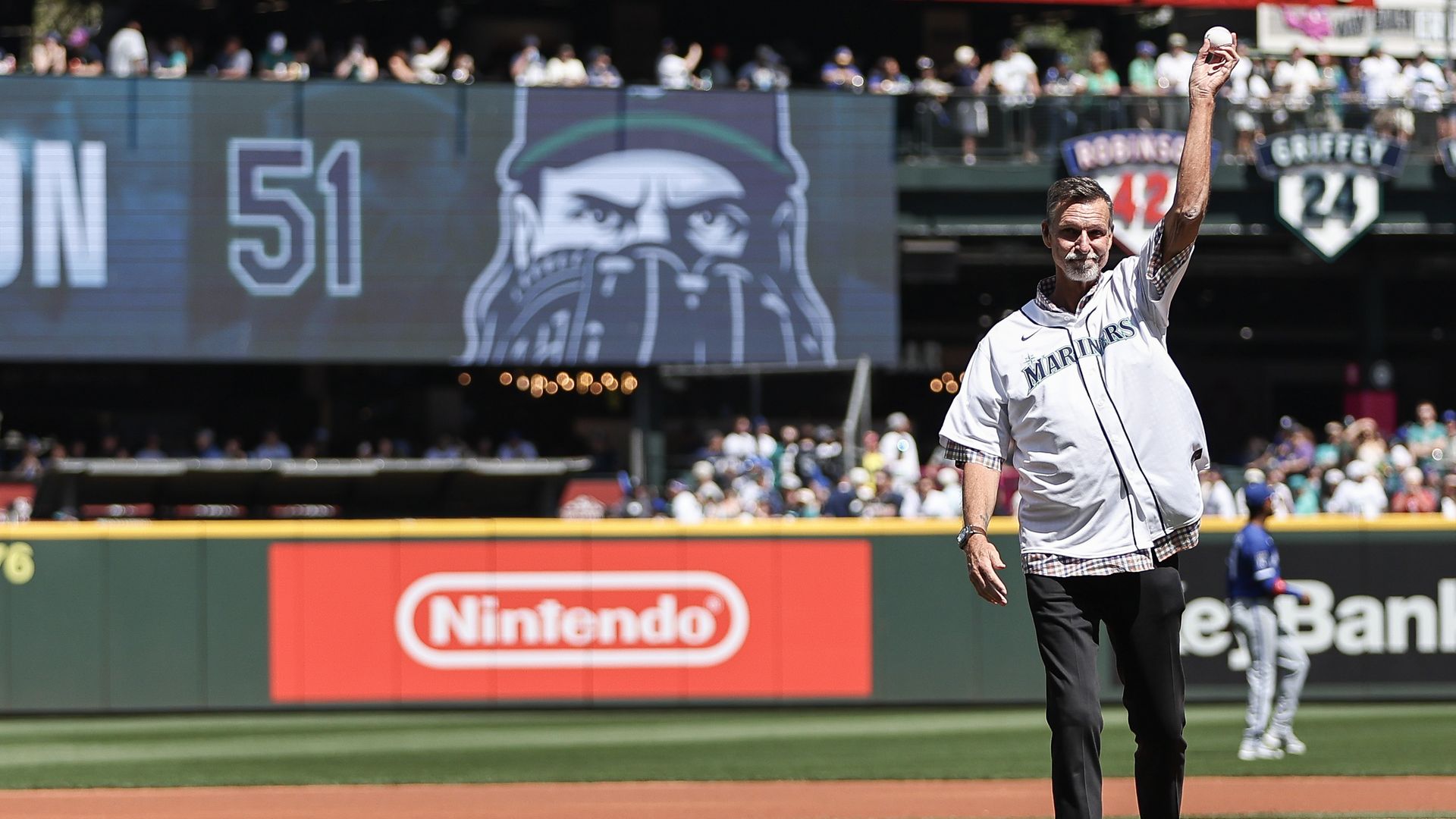 ormer Seattle Mariners player Randy Johnson throws out the ceremonial first pitch prior to the game against the Kansas City Royals at T-Mobile Park on May 03, 2026 in Seattle, Washington. (Photo by Olivia Vanni/Getty Images)