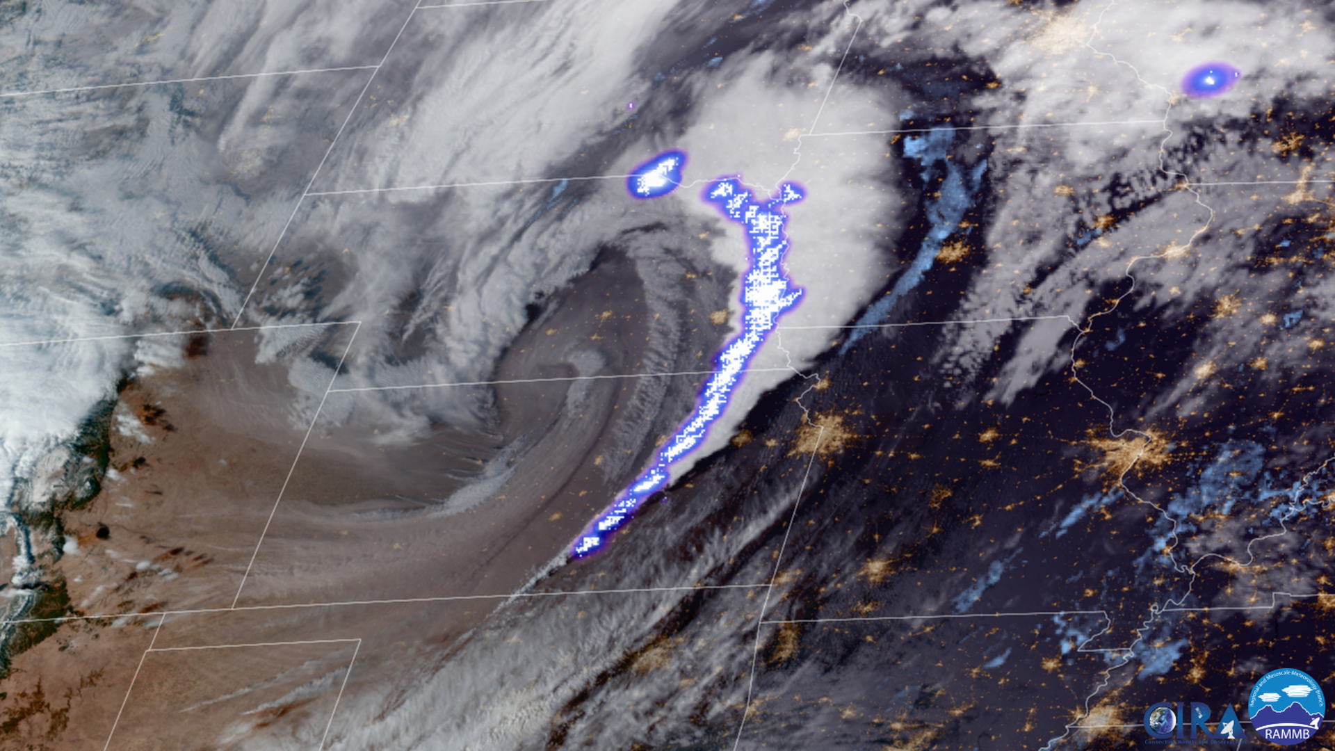 Satellite image showing smoke plumes from wildfires, blowing dust, and thunderstorms with lightning flashes detected across the Plains on Dec. 15. (CIRA/RAMMB)