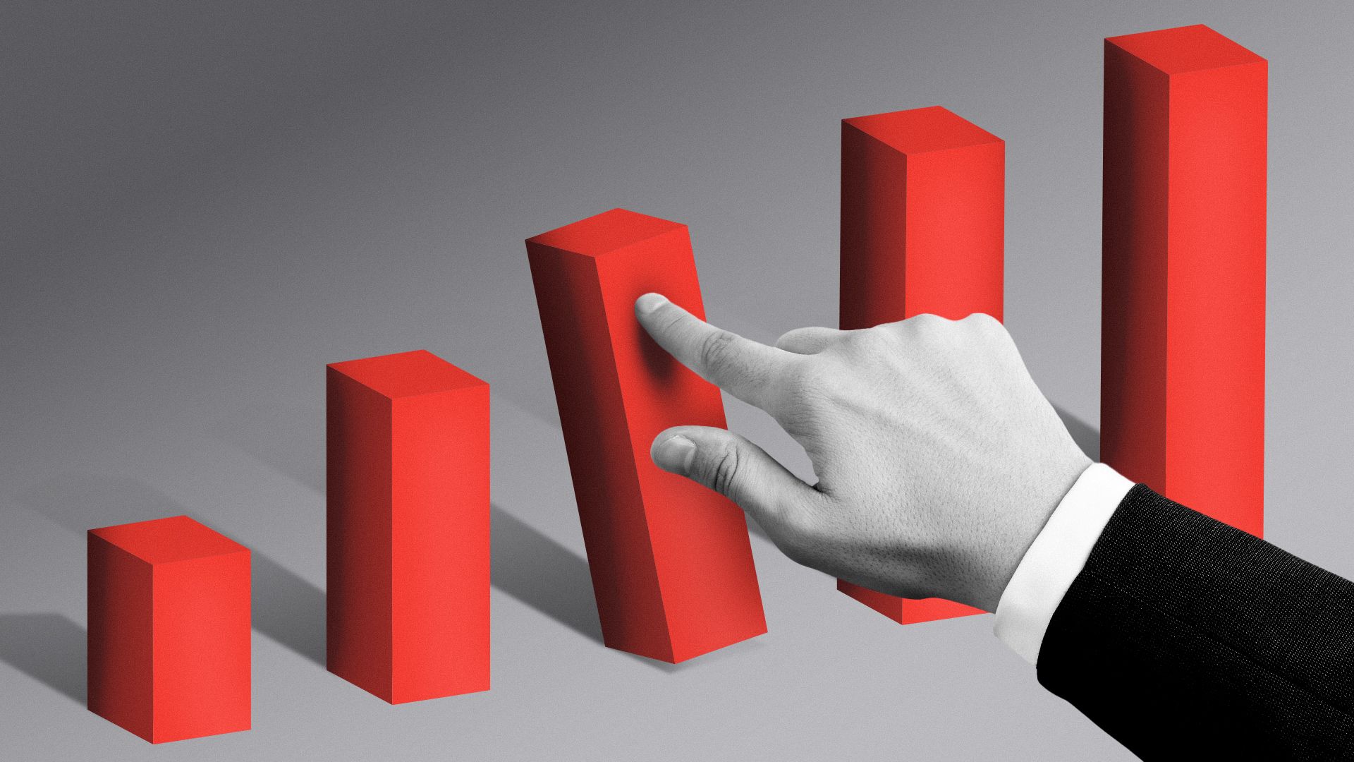Illustration of a hand pushing over one bar of a 3D bar chart.