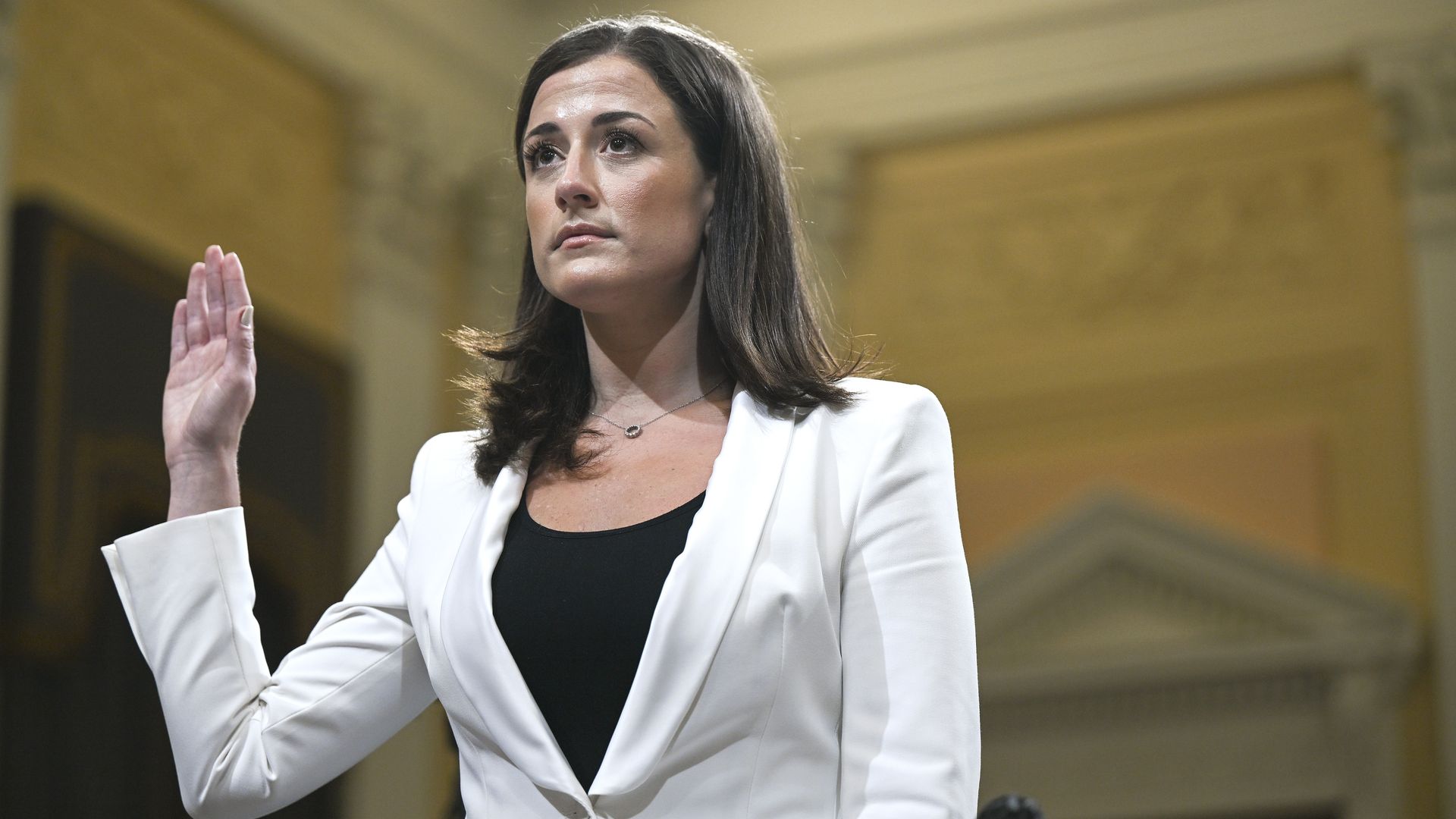 Cassidy Hutchinson, a former aide to Trump White House Chief of Staff Mark Meadows, is sworn-in as she testifies during a House hearing about the Capitol riot on June 28.