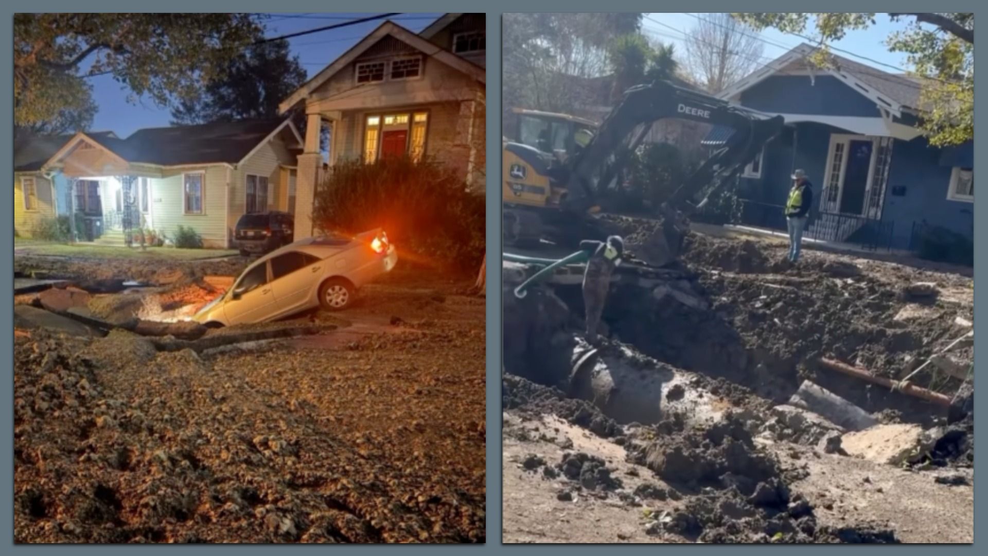 Two images: left shows a white car sunk nose-deep in a large hole in front of houses at night; right shows a construction crew excavating a muddy site near a blue house in daylight with a John Deere excavator.