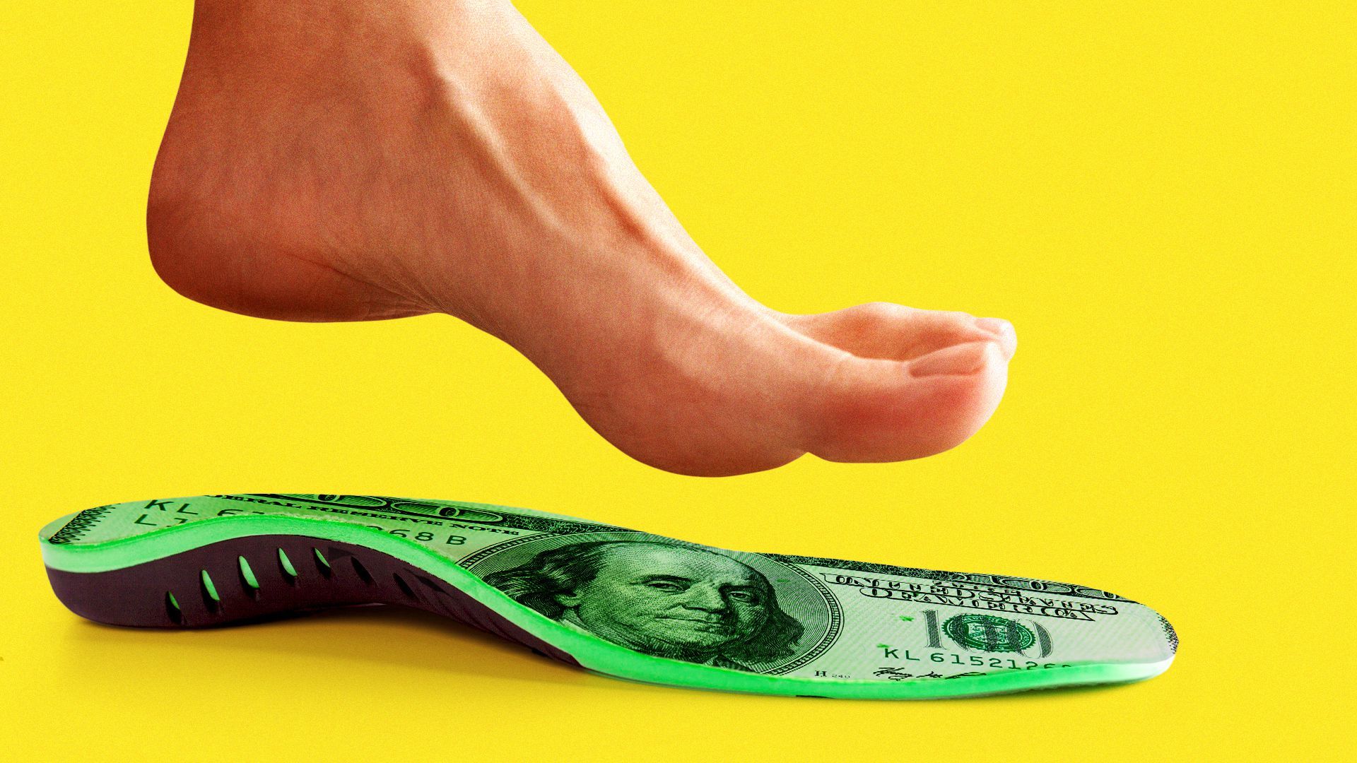 Illustration of a foot stepping on to an orthotic made from money.