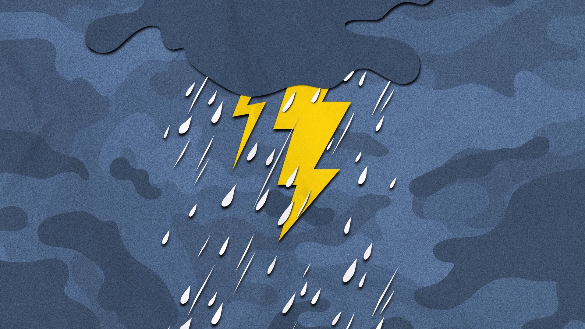 Illustration of lightning and rain coming out of a camouflage pattern, as if the pattern is a cloud. 