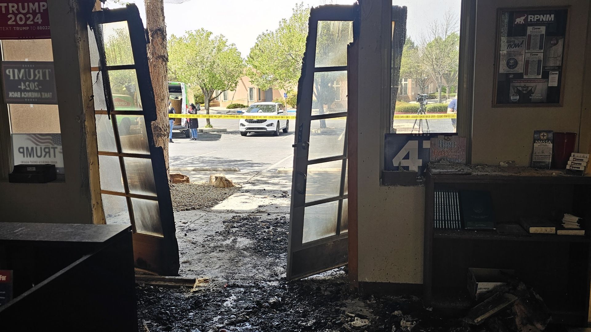 The damaged offices of the Republican Party of New Mexico in Albuquerque following a suspected arson on Sunday, March 30, 2025.