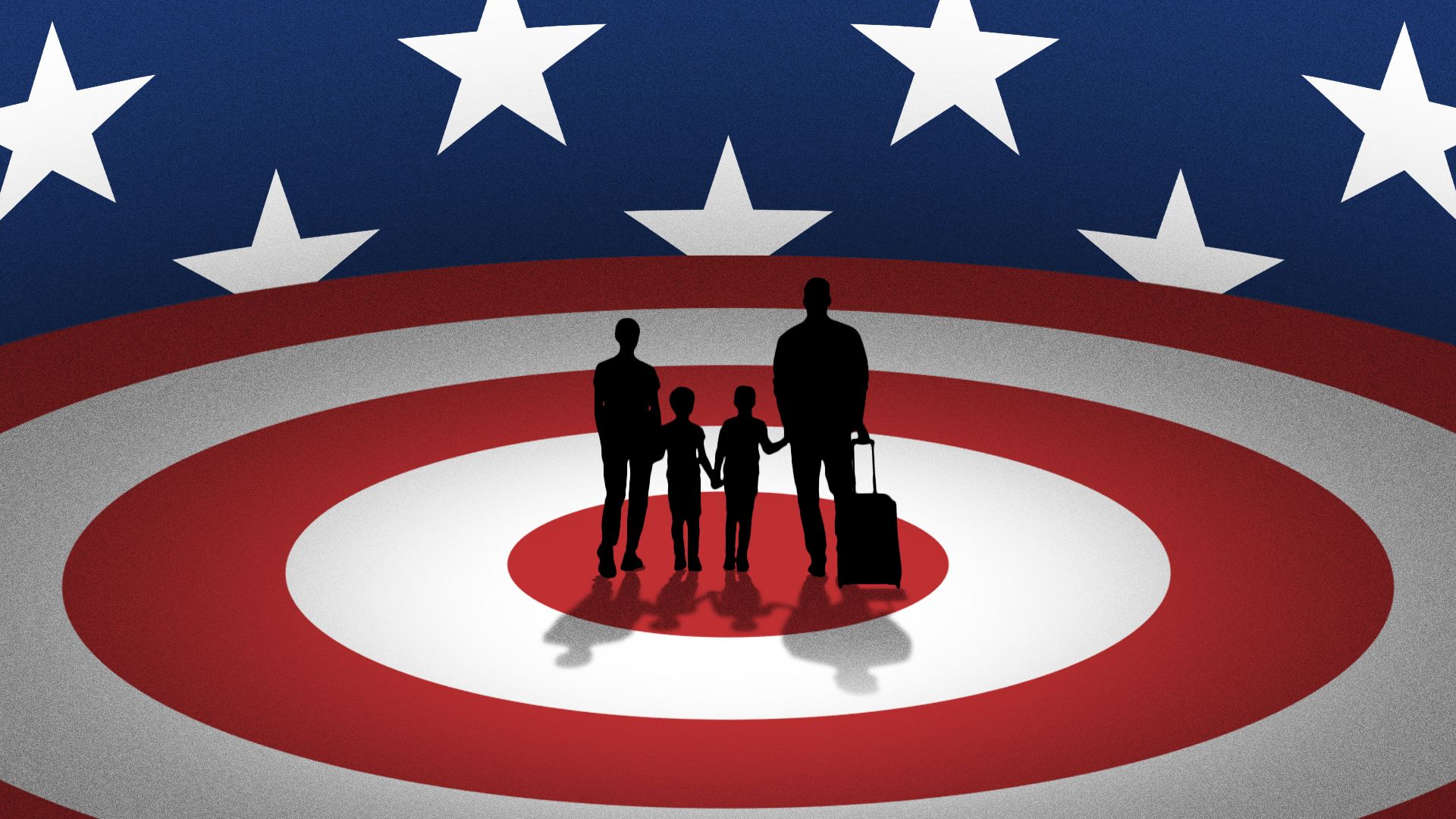 Illustration of a family standing at the center of a bullseye colored like the American flag. 