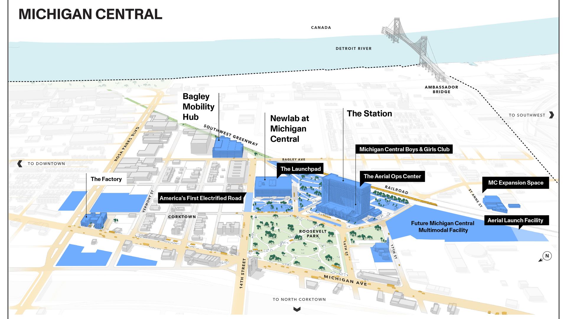 A rendering of the Michigan Central campus, with the future multimodal facility on the right. 