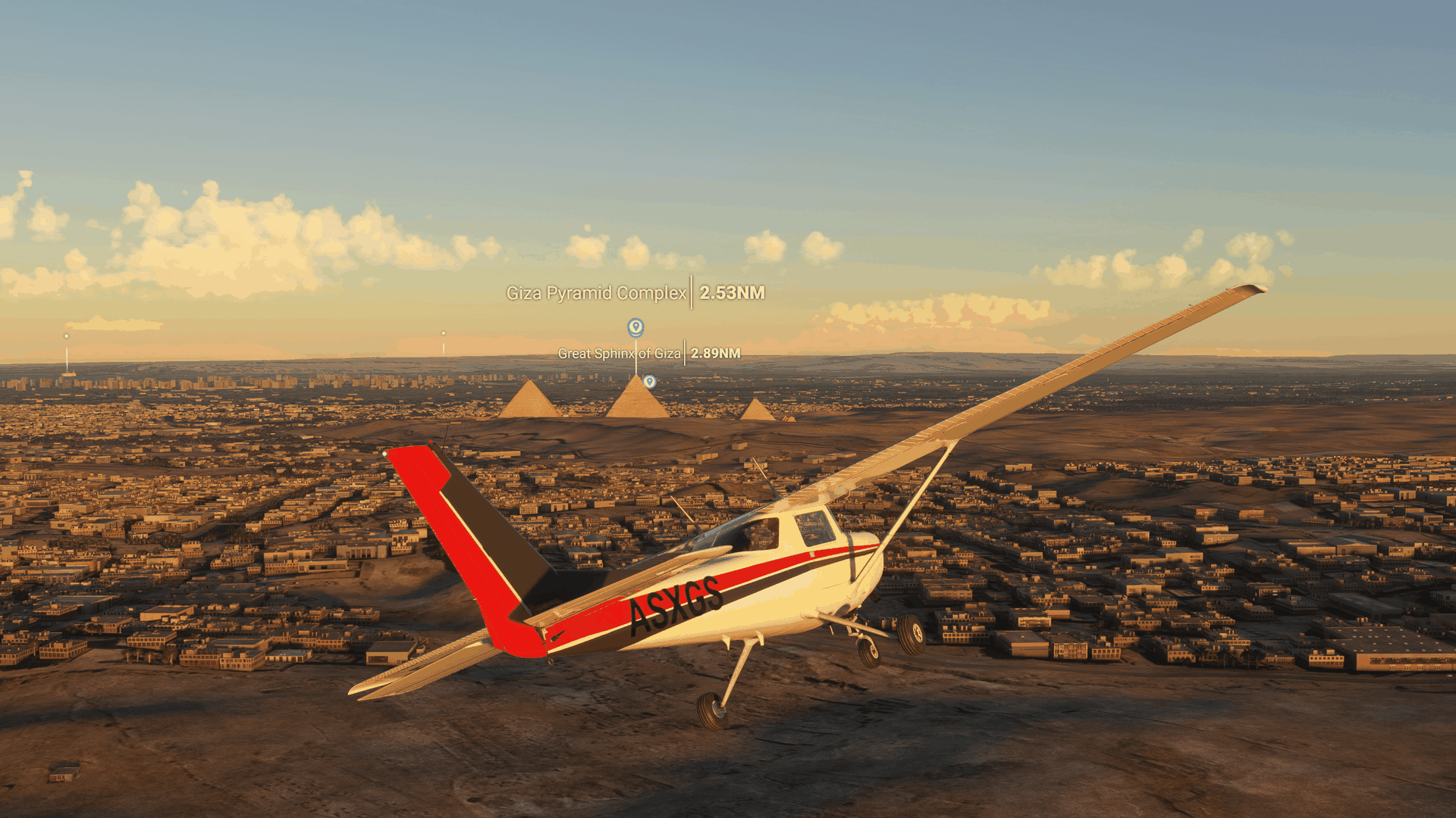 Video game screenshot of a small plane flying over Egypt