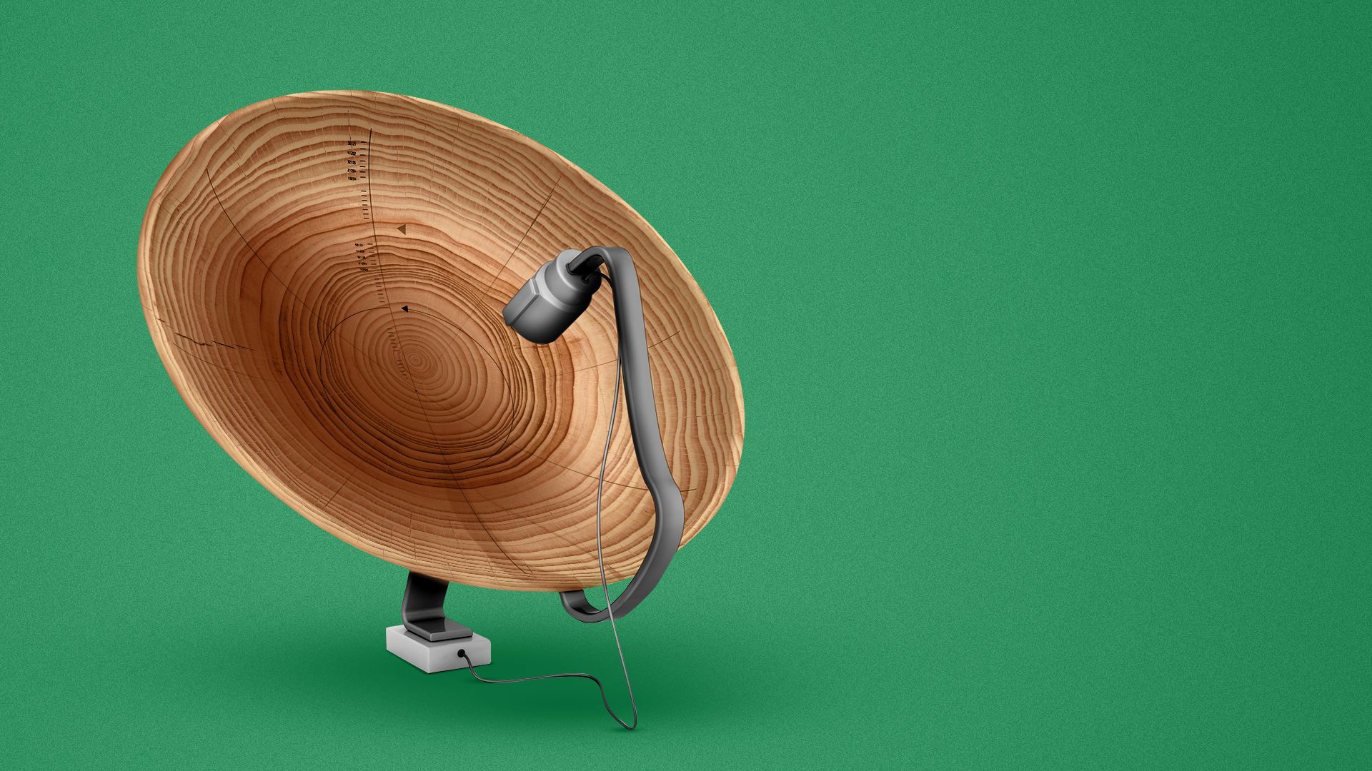 Illustration of a satellite dish with the dish section made out of a tree stump showing the tree's rings. 