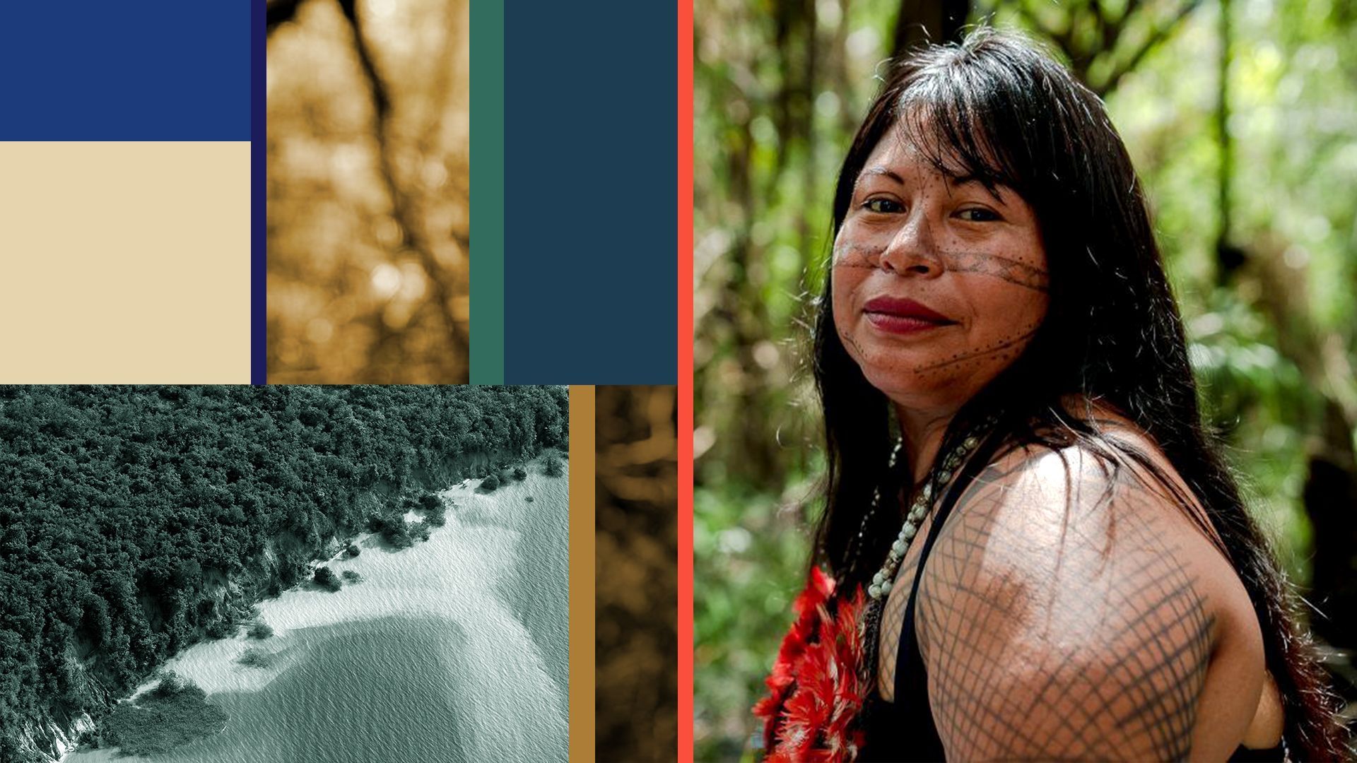 Photo illustration of Alessandra Korap Munduruku with geometric shapes and a photo of the Tapajós River.