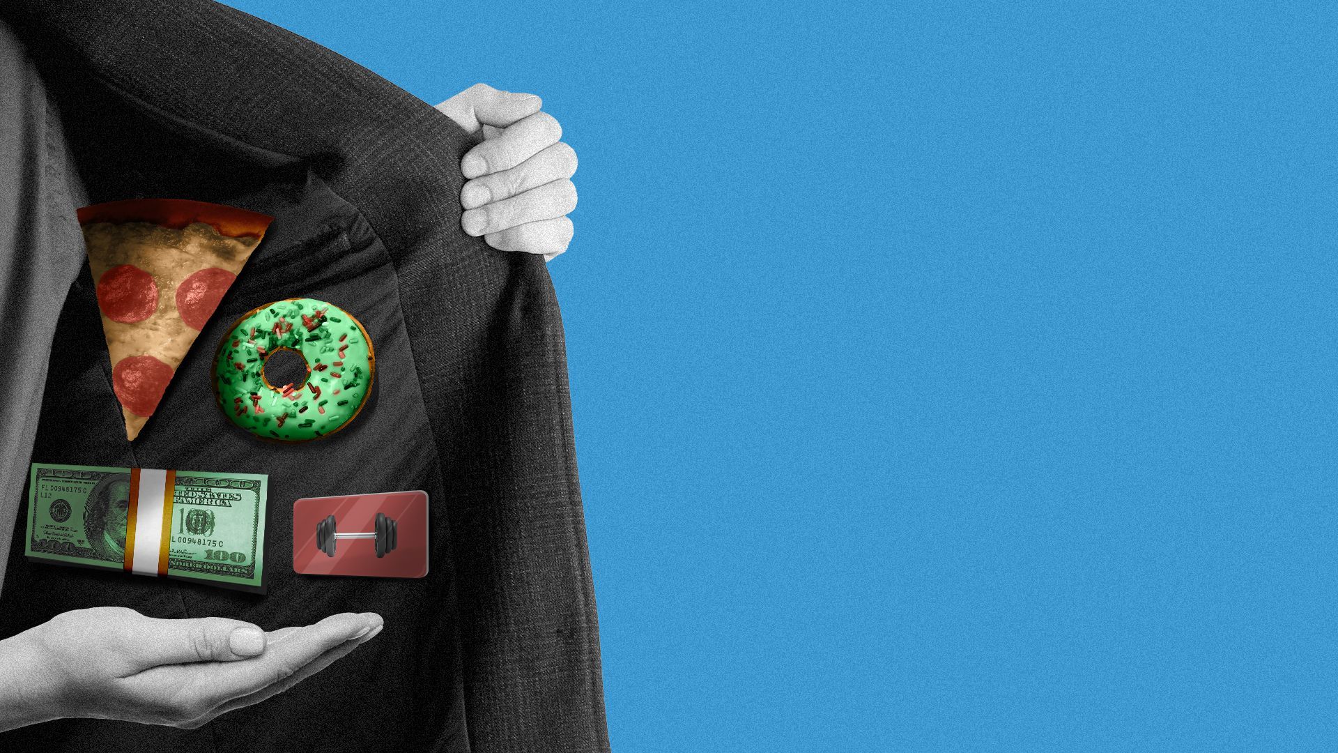 Illustration of open jacket showing a pizza, donut, money, and gym card