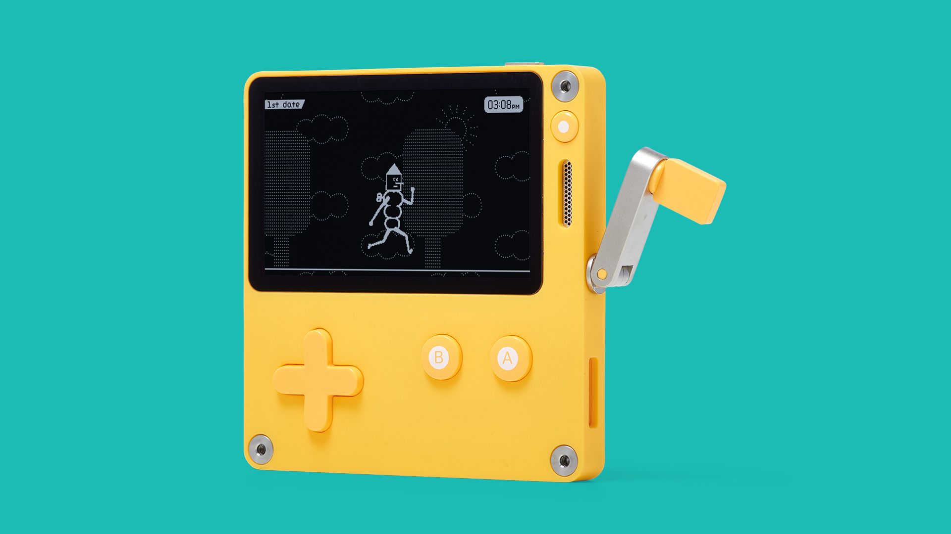 Photo of a yellow Playdate device on a teal background