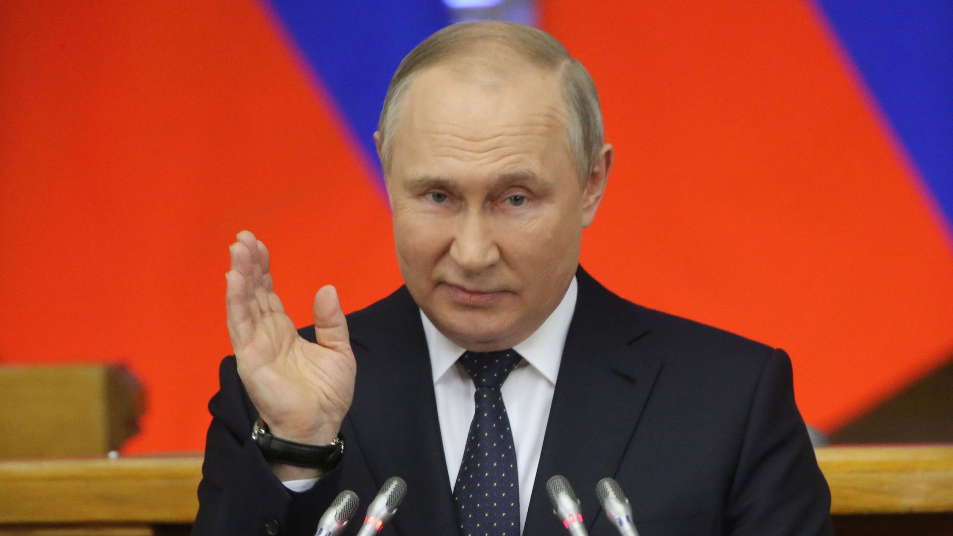 Russian President Vladimir Putin speaks during the Council of Lawmakers at the Tauride Palace, on April 27, 2022, in Saint Petersburg, Russia. 