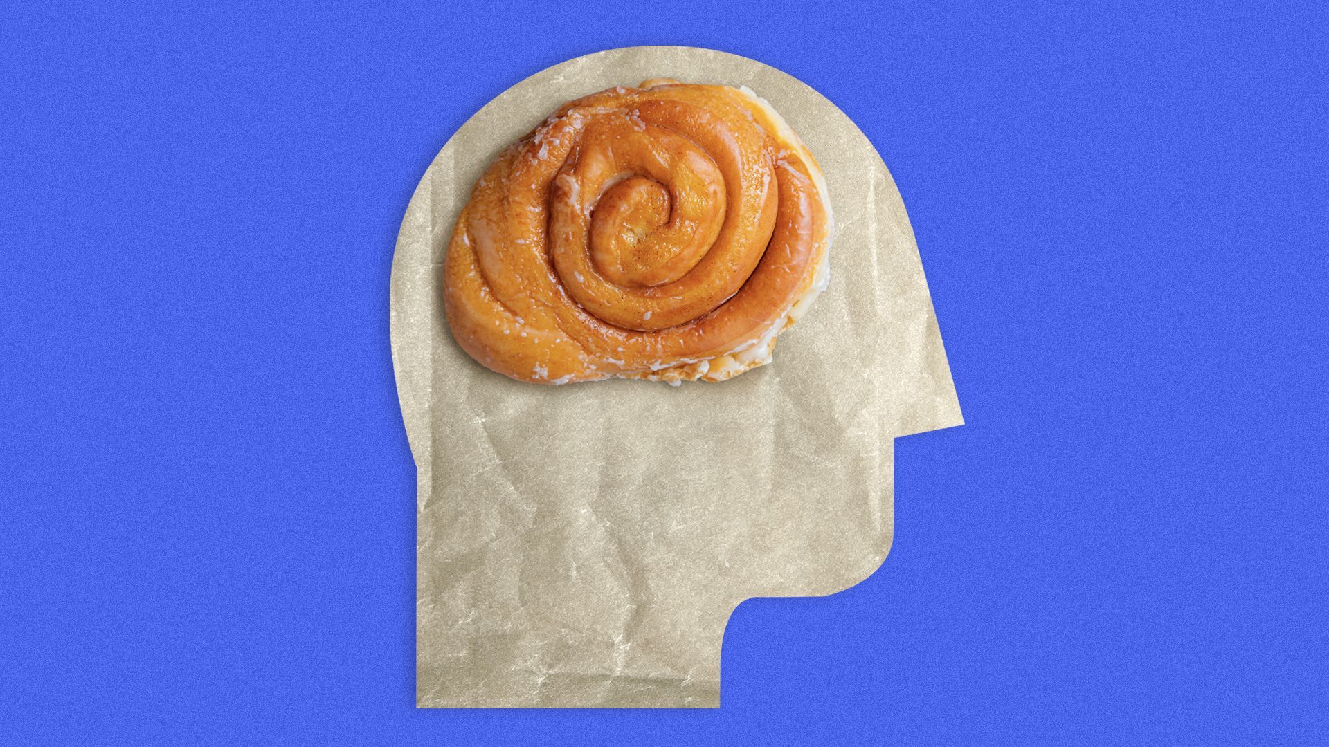 Illustration of a honey bun pastry shaped like a brain sitting on paper shaped like a head