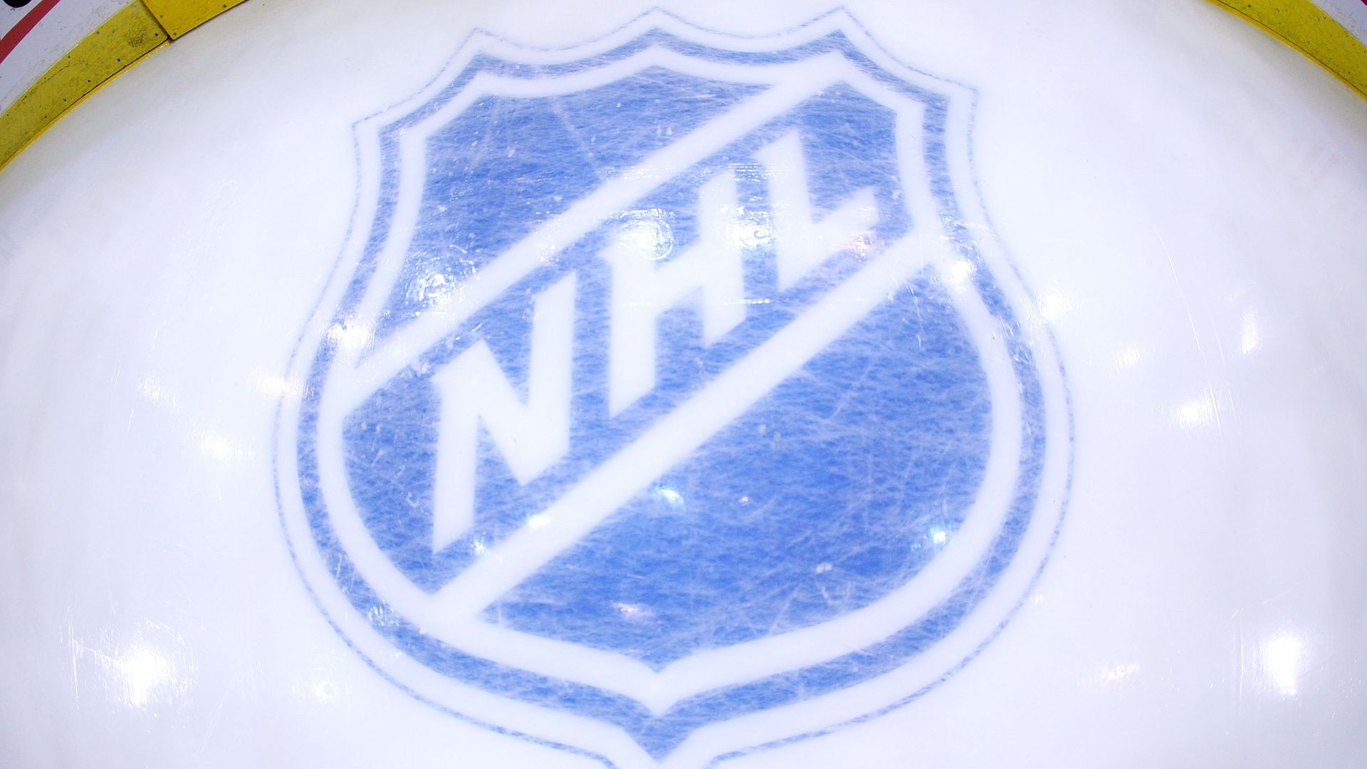 NHL logo behind the net during the game between the Pittsburgh Penguins and the New York Rangers in Pittsburgh, Pennsylvania